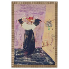 Antique Framed Art Nouveau Style Abstract Genre Scene Print of a Woman in a Bedroom