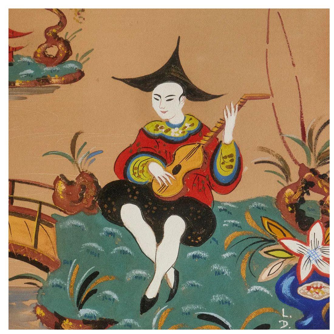 Scène asiatique encadrée Tempera sur panneau Bon état - En vente à Locust Valley, NY