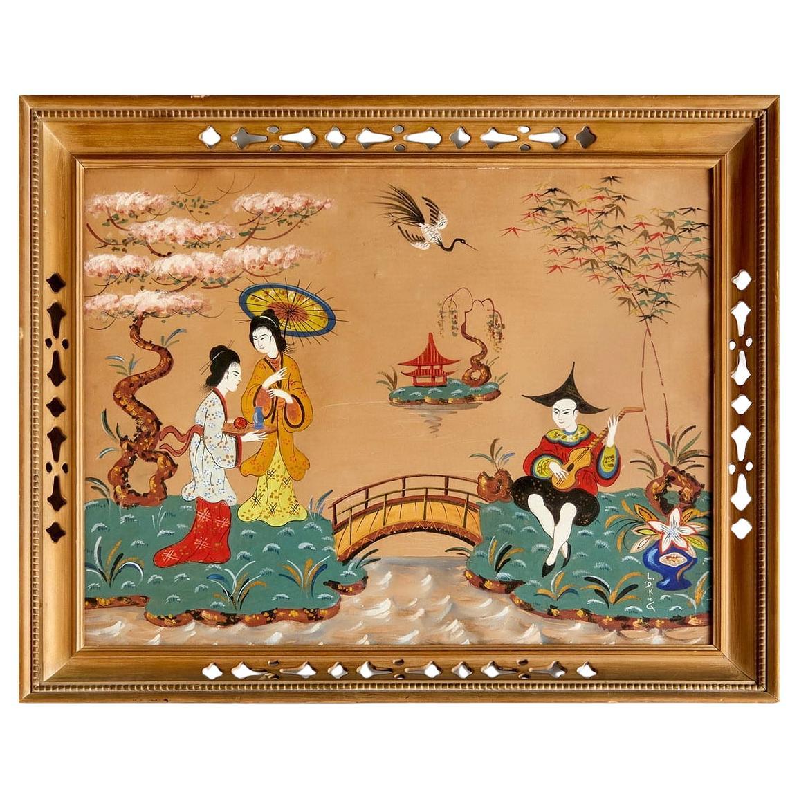 Scène asiatique encadrée Tempera sur panneau en vente