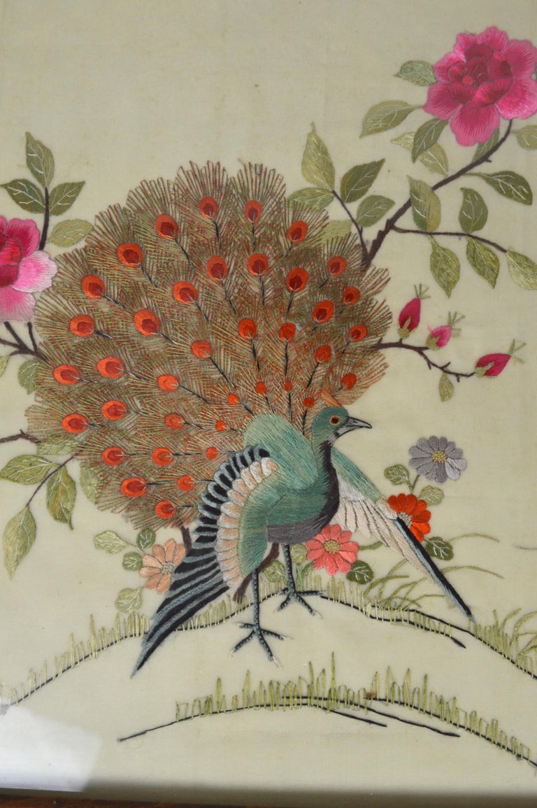 Framed Asian Silk Embroidered Fabric / Embroidery Tapestry, "Birds