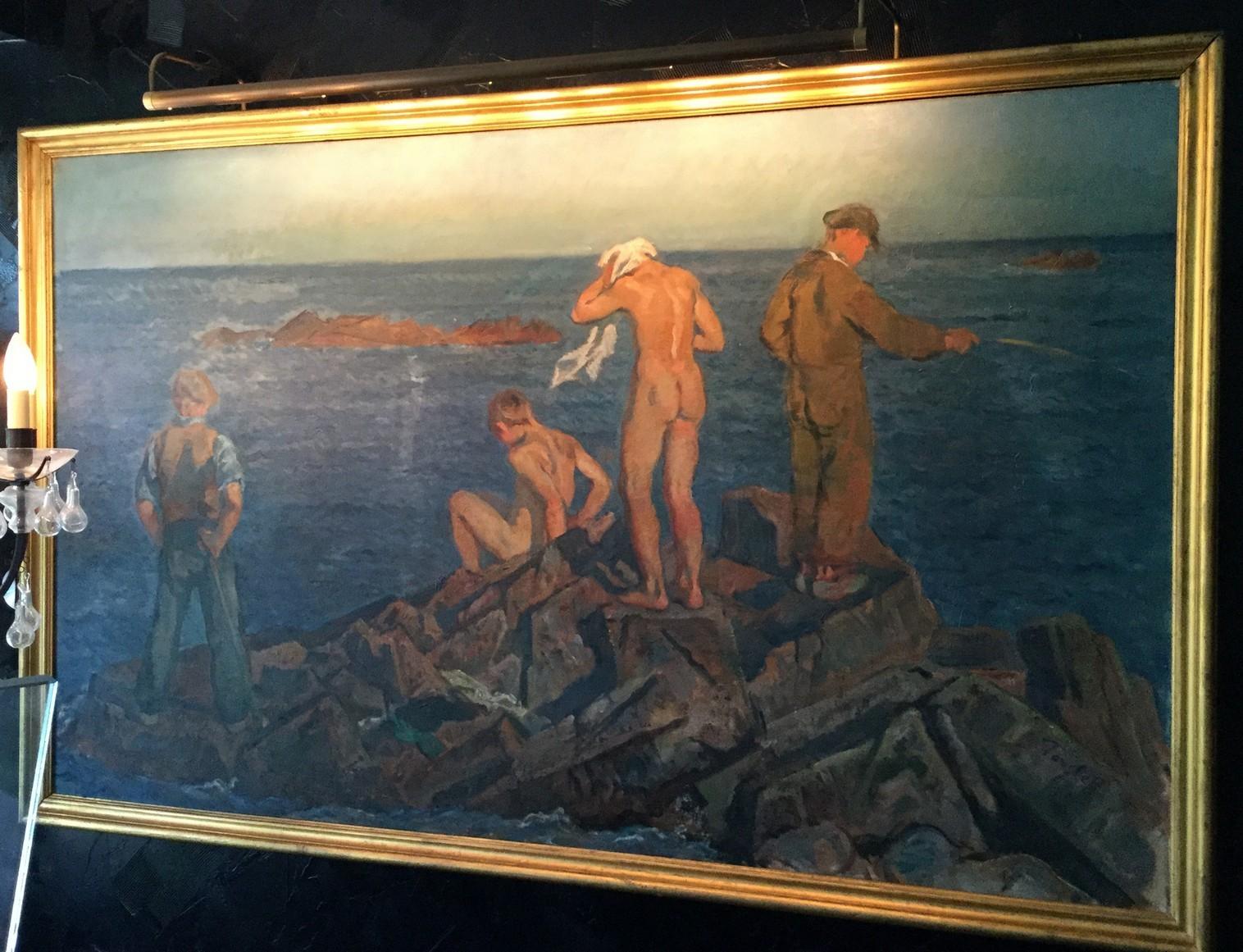 For your consideration is a vivid, framed oil painting on canvas, depicting nude men on rocks by the sea, hand-signed by August Torsleff. In excellent condition. August Torsleff was a Danish painter who was born in 1884. Dimensions: 44