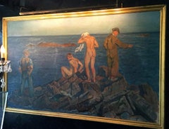Framed August Torsleff Nude Men on Rock in Front of Water Oil on Canvas Painting