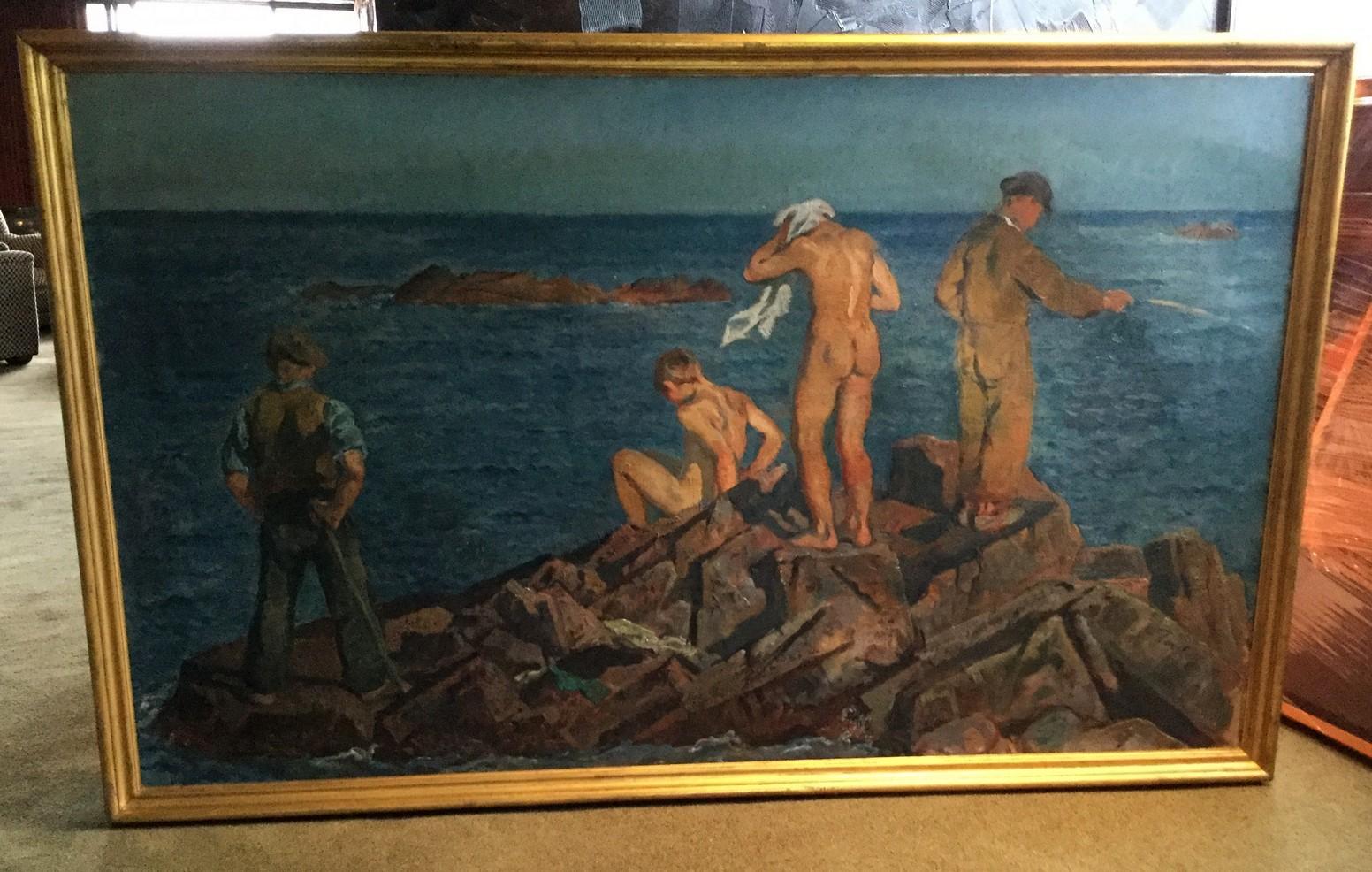 20th Century Framed August Torsleff Nude Men on Rock in Front of Water Oil on Canvas Painting For Sale