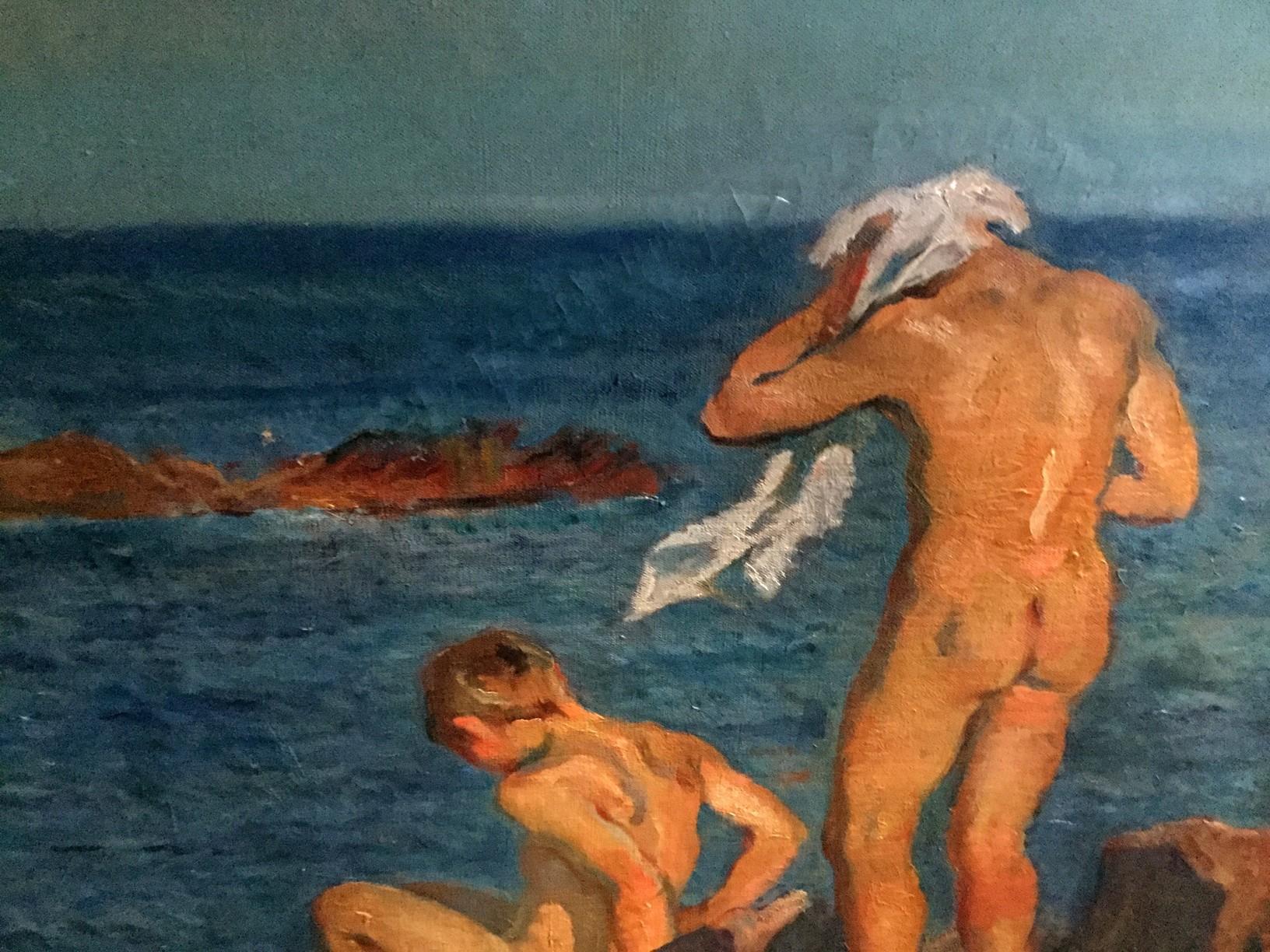 Framed August Torsleff Nude Men on Rock in Front of Water Oil on Canvas Painting For Sale 1