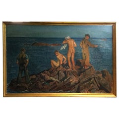 Peinture à l'huile sur toile d'August Torsleff représentant des hommes nus sur un rocher devant l'eau, encadrée