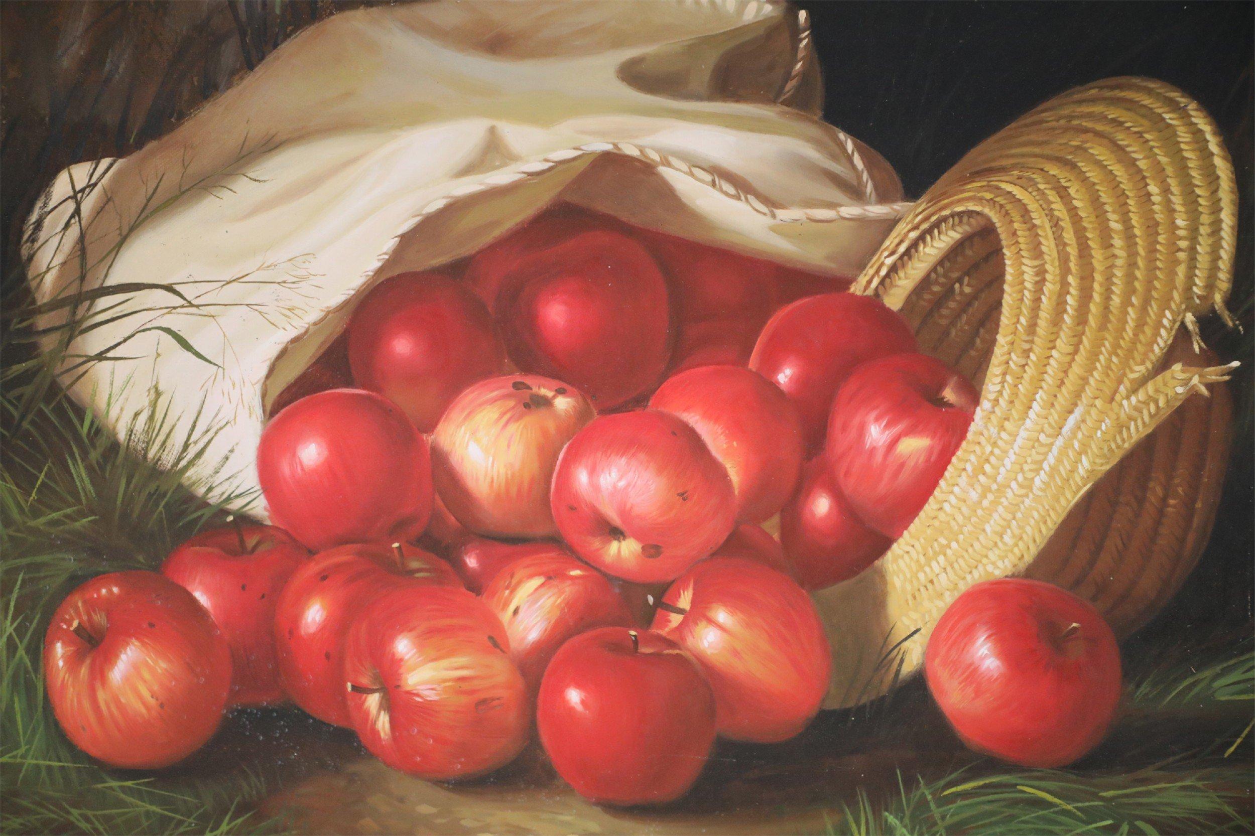 Nature morte au sac de pommes encadrée - peinture à l'huile en vente 2