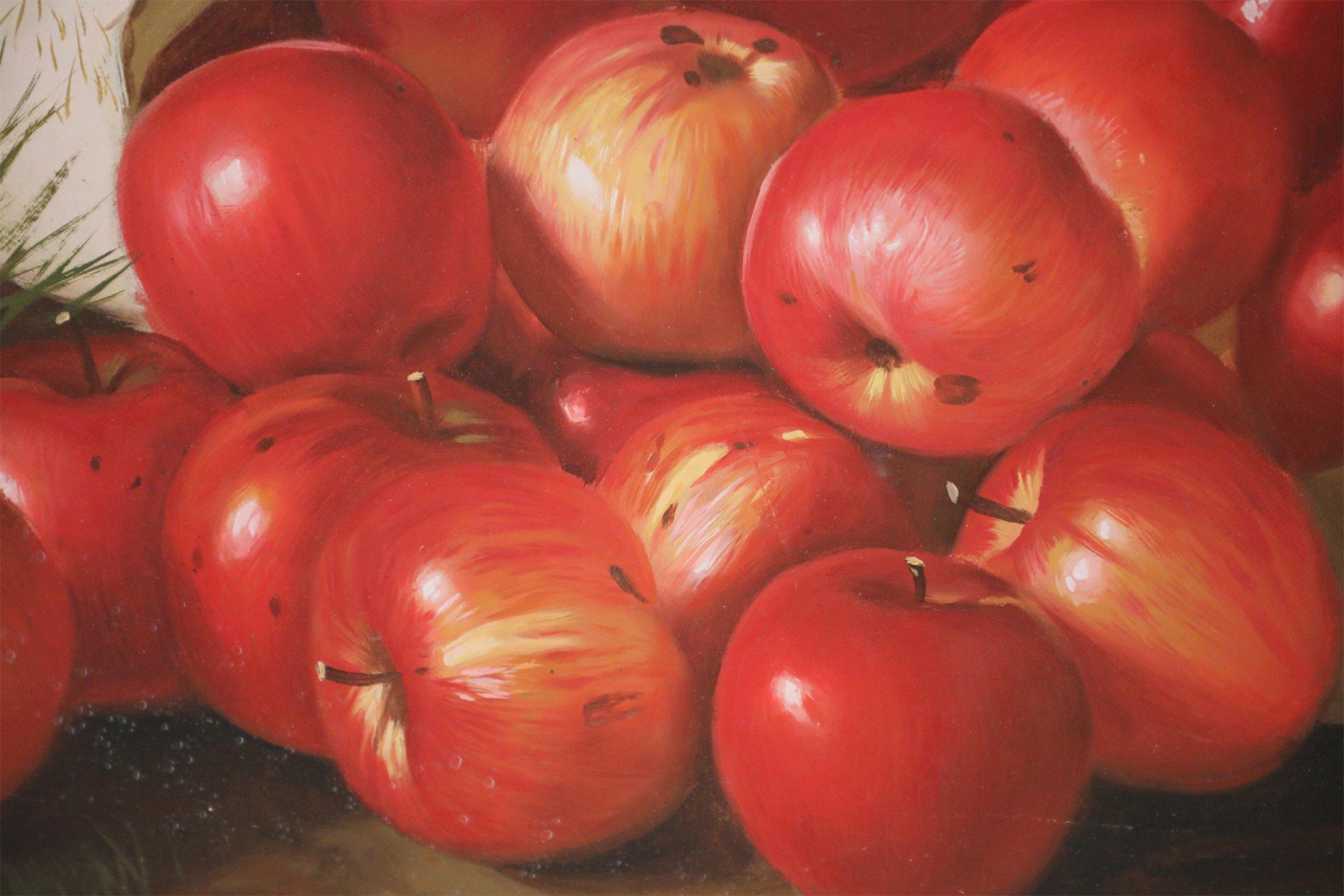 Toile Nature morte au sac de pommes encadrée - peinture à l'huile en vente