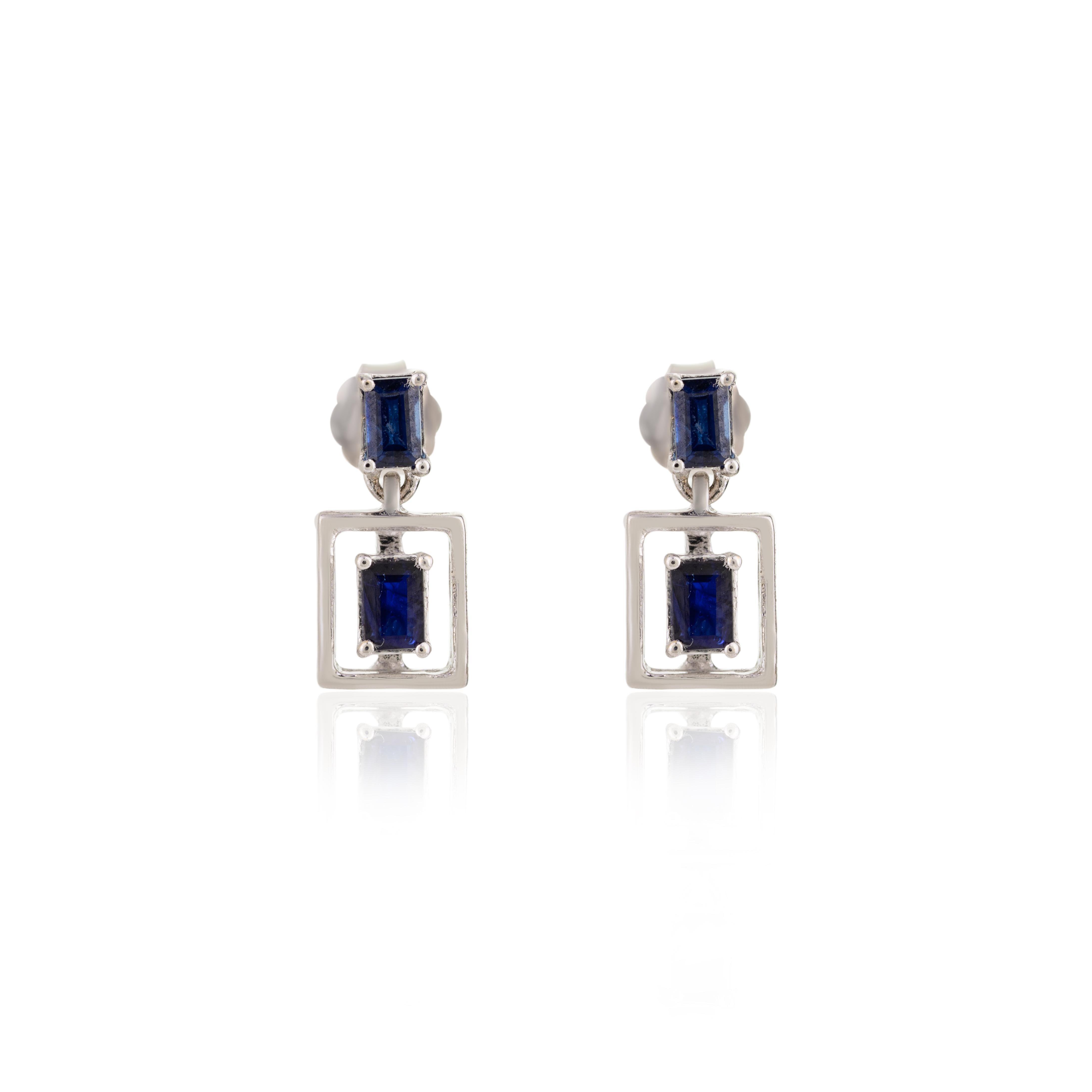 Art Deco Framed Baguette Cut Blue Sapphire Dangle Earrings in 18k Solid White Gold  For Sale