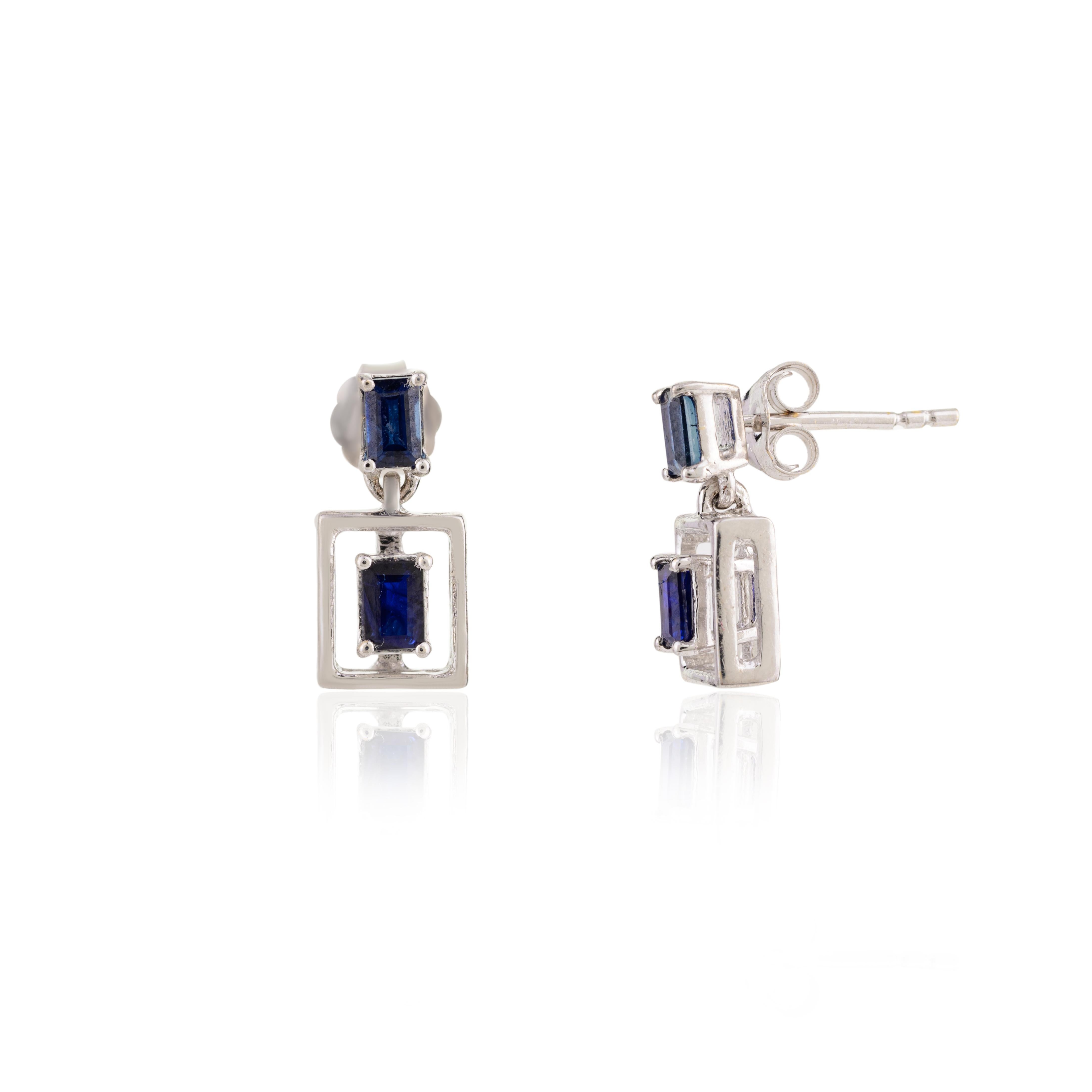 Framed Baguette Cut Blue Sapphire Dangle Earrings in 18k Solid White Gold  For Sale 3
