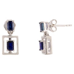 Framed Baguette Cut Blue Sapphire Dangle Earrings in 18k Solid White Gold