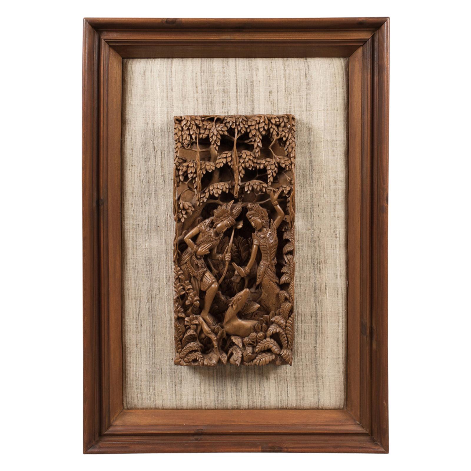 Framed Balinese Carved Wall Panel, Midcentury Decorative Art