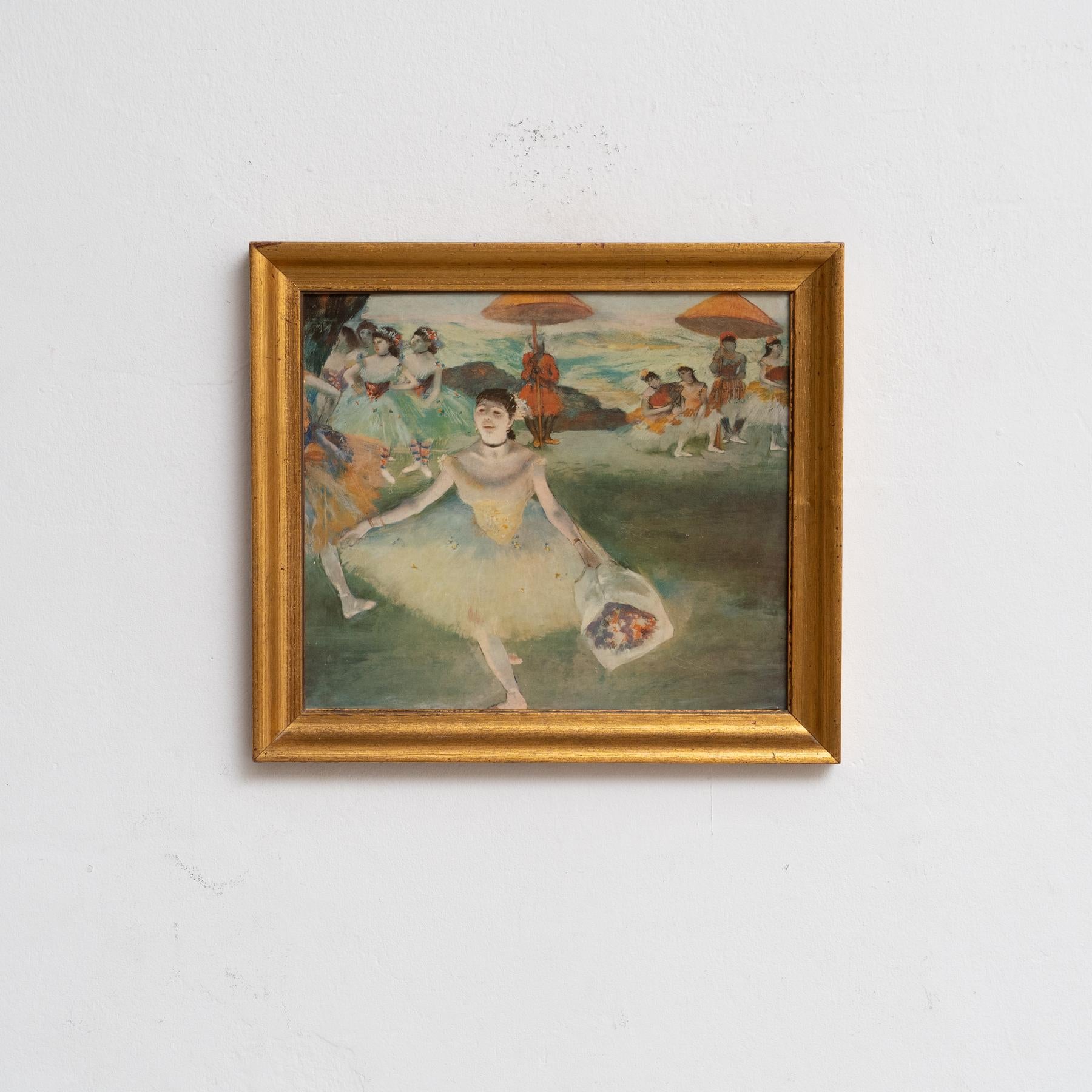 his beautifully framed barnished print is a captivating reproduction of an artwork by Edgar Degas, renowned for his exquisite depictions of ballet dancers and everyday scenes. The print features rich, vibrant colors that faithfully capture the
