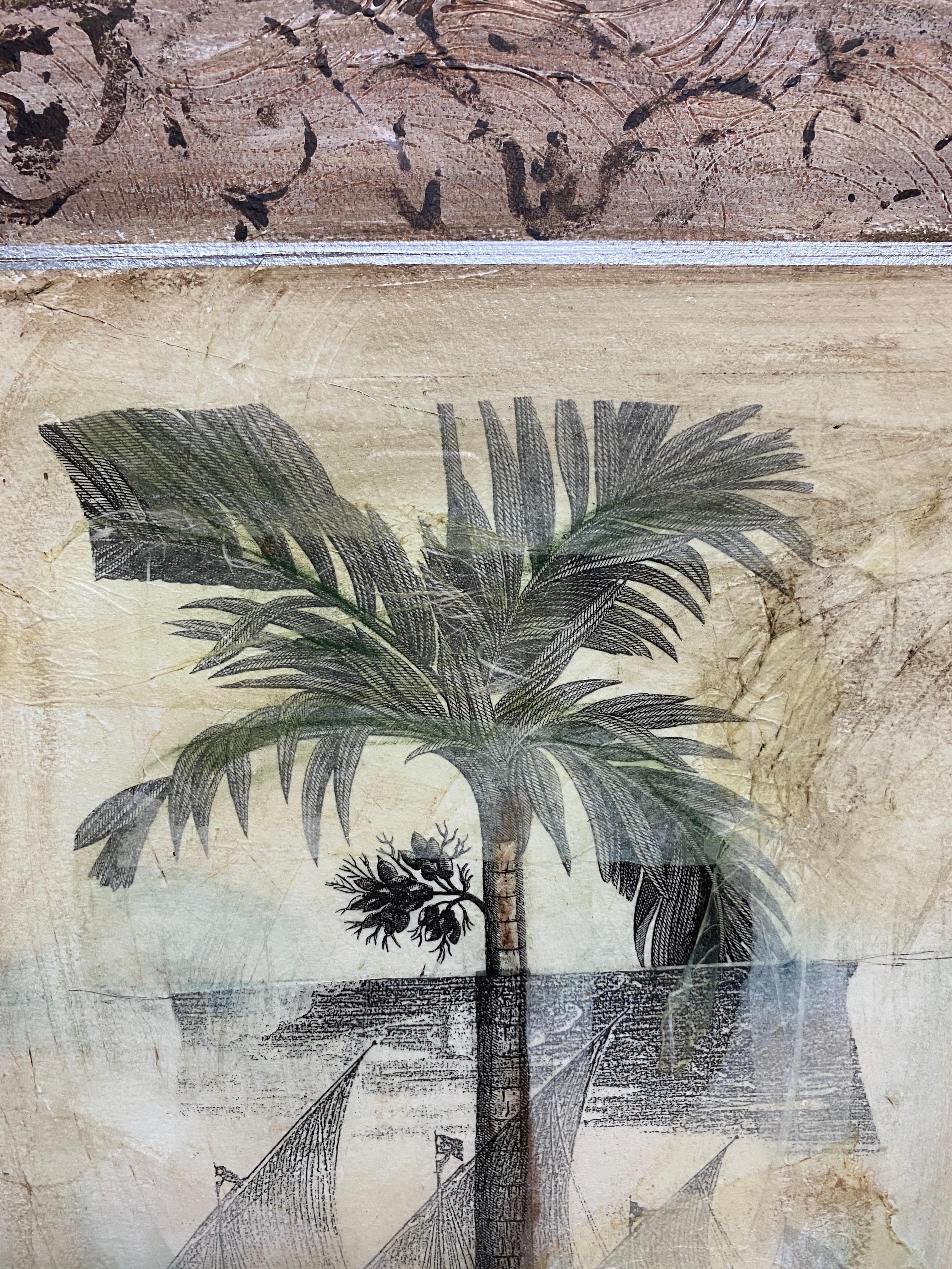 Lacquered Large Framed Beach Side Palm Tree Art For Sale