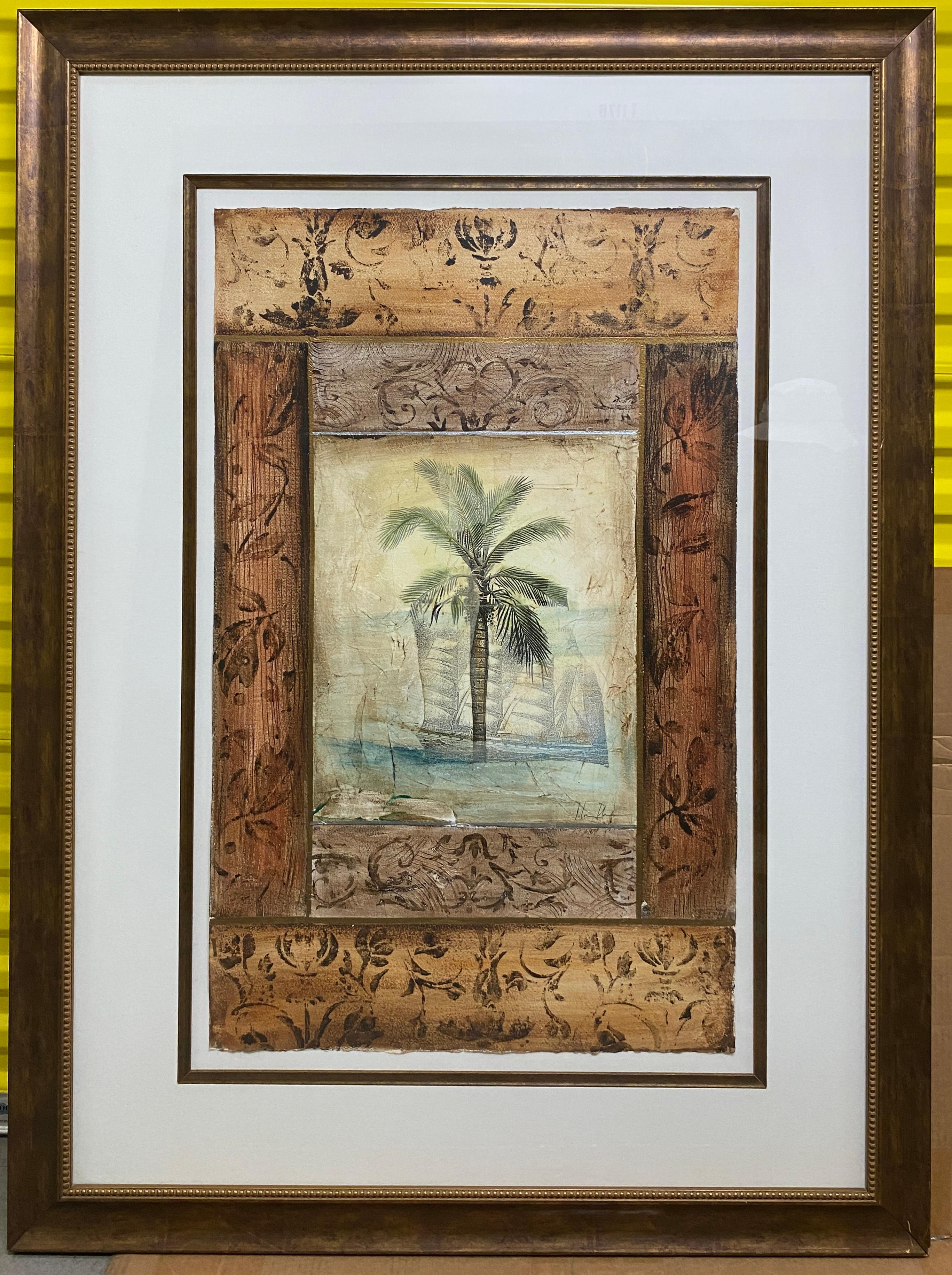 Tropical framed beach side palm tree art
This fine artwork on paper evokes the desire to escape to a beach, but, if you can not this artwork brings the seaside to you. 

Painted on fine paper, professionally framed. The copper finish frame is a very