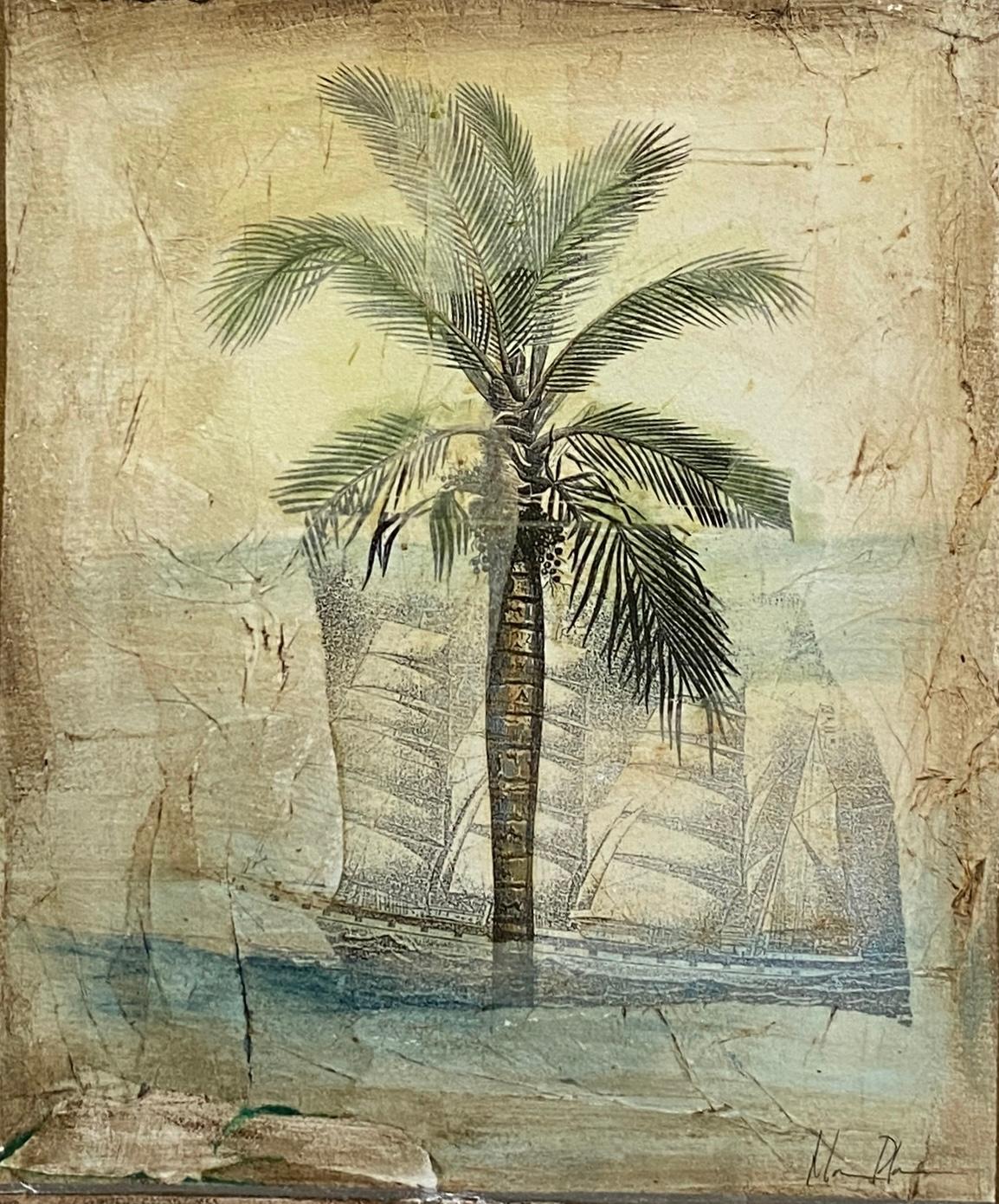 Hollywood Regency Large Framed Beachside Palm Tree Art For Sale