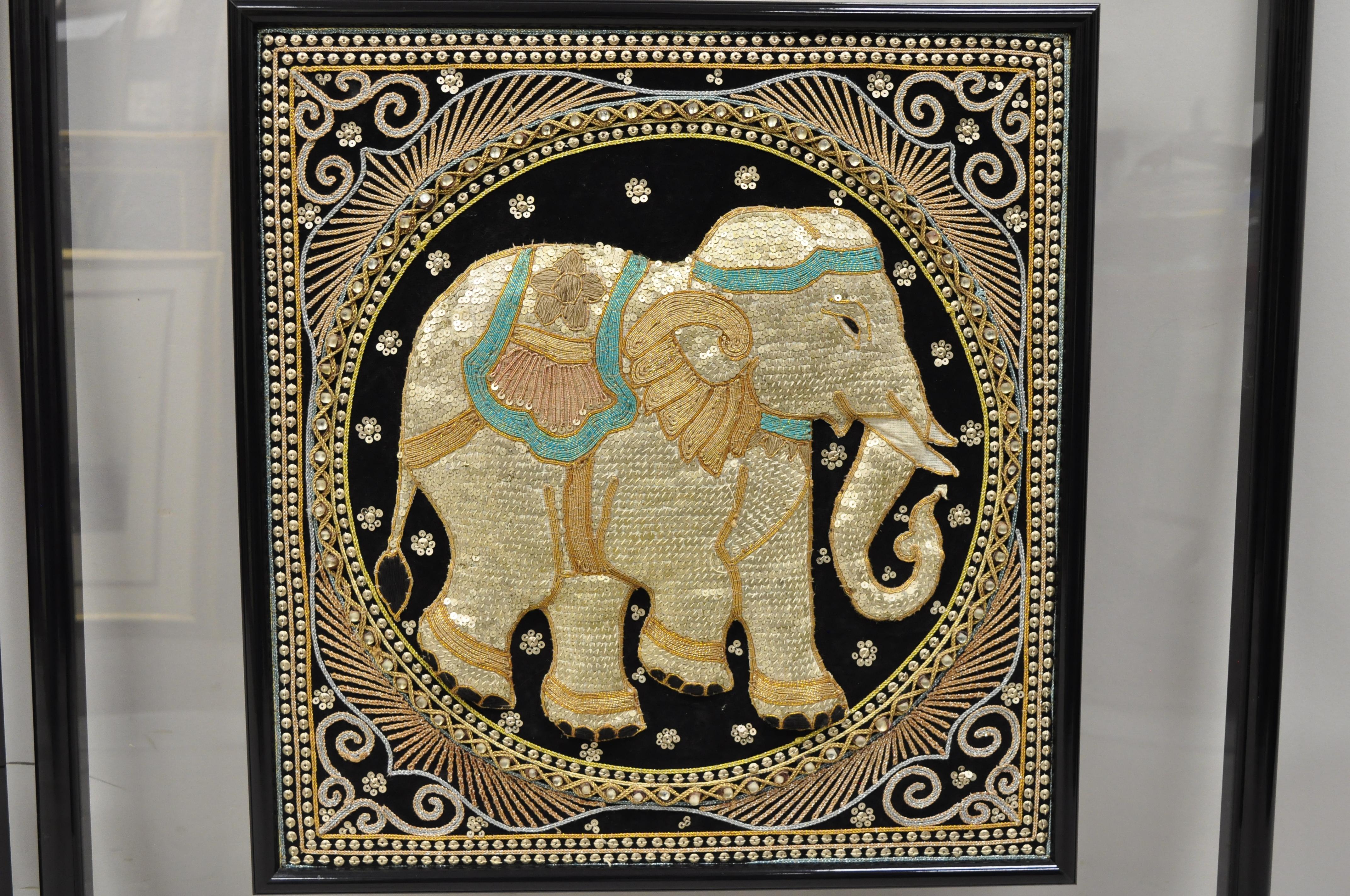 Framed Beaded Embroidered Elephant Padded Tapestry Indian Wall Art, a Pair For Sale 5