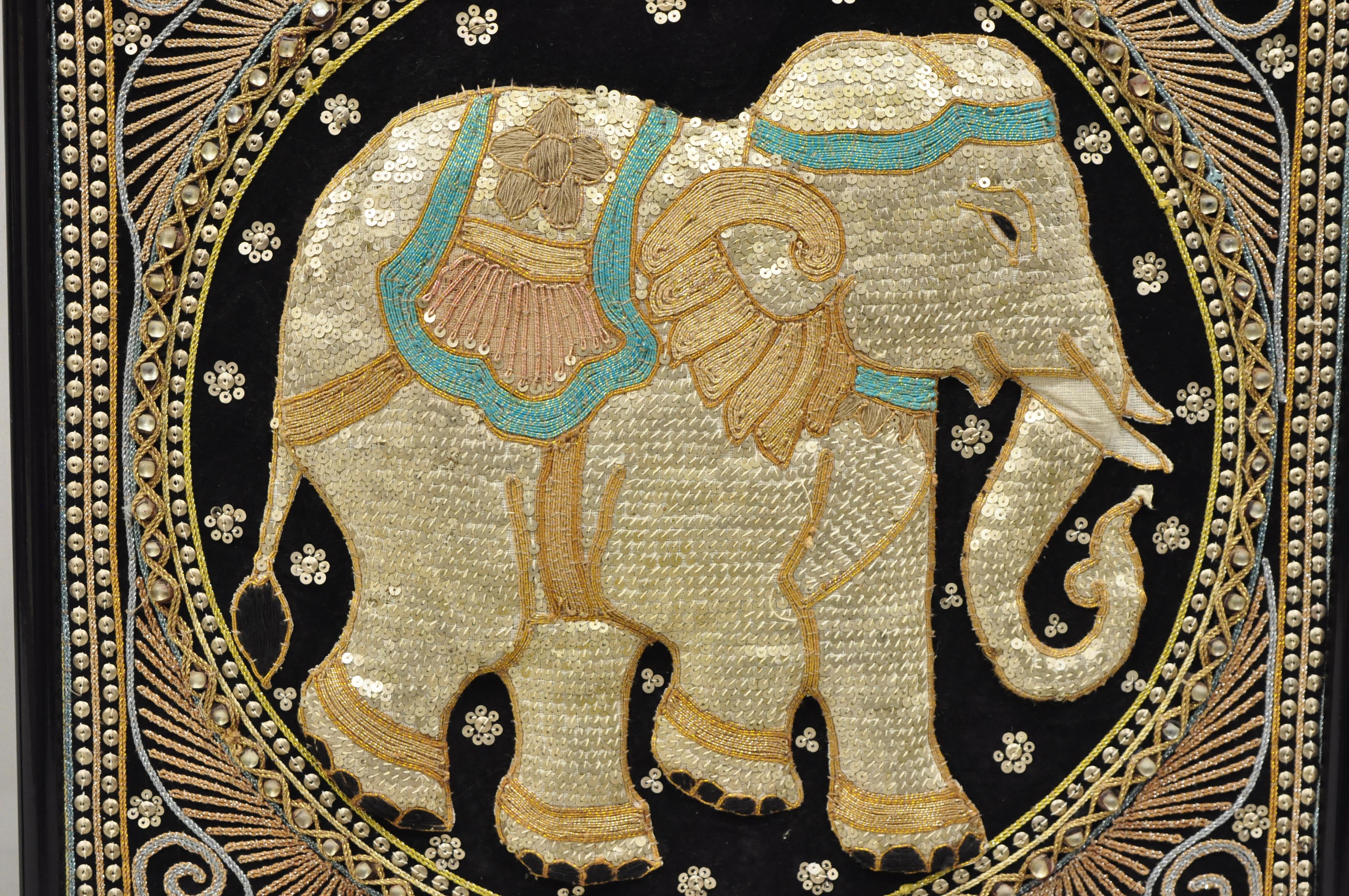 Framed Beaded Embroidered Elephant Padded Tapestry Indian Wall Art, a Pair In Good Condition For Sale In Philadelphia, PA