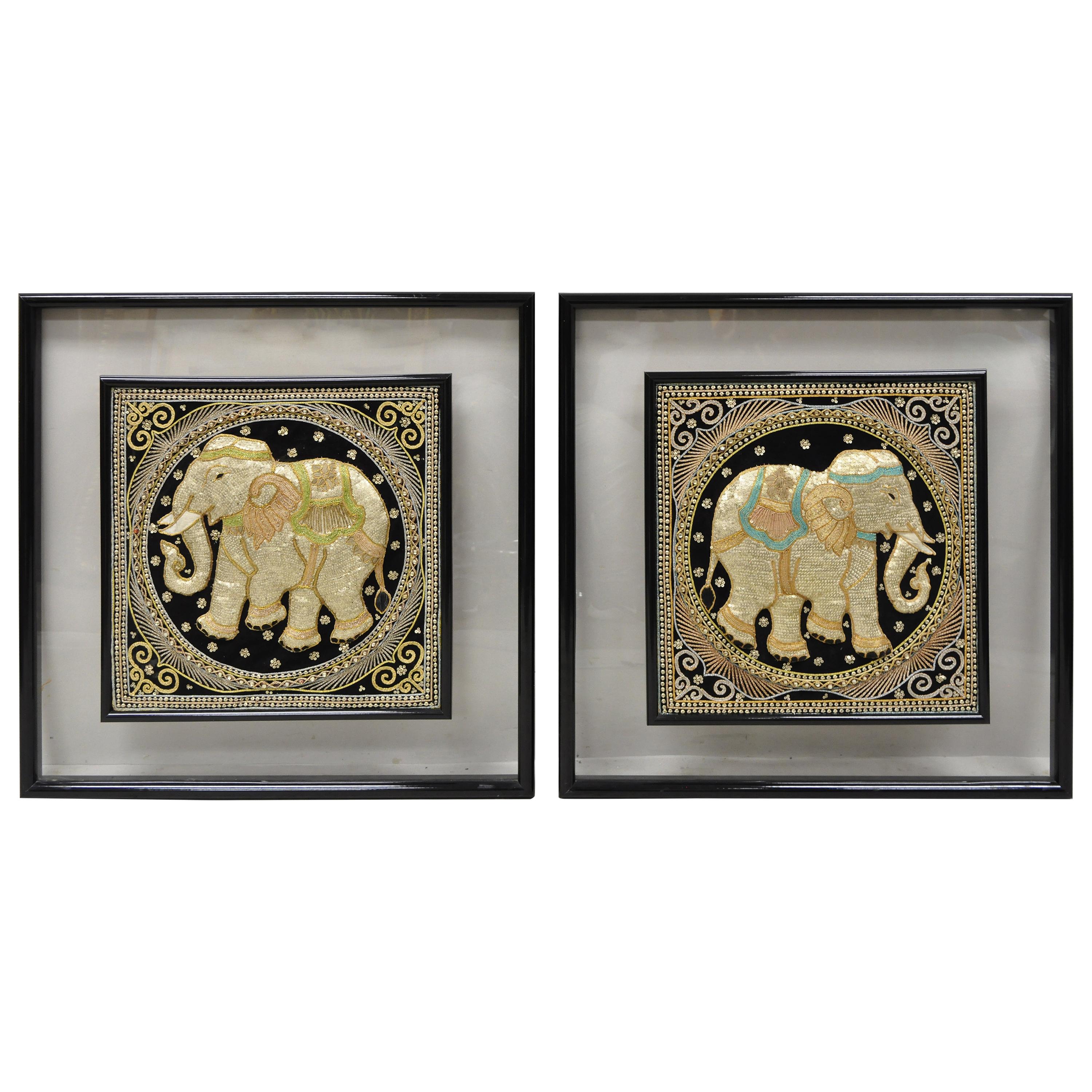 Framed Beaded Embroidered Elephant Padded Tapestry Indian Wall Art, a Pair