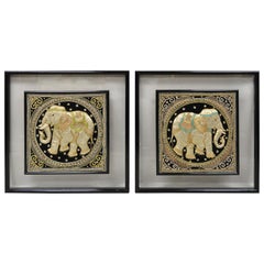 Antique Framed Beaded Embroidered Elephant Padded Tapestry Indian Wall Art, a Pair