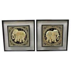Vintage Framed Beaded Embroidered Elephant Padded Tapestry Indian Wall Art - a Pair