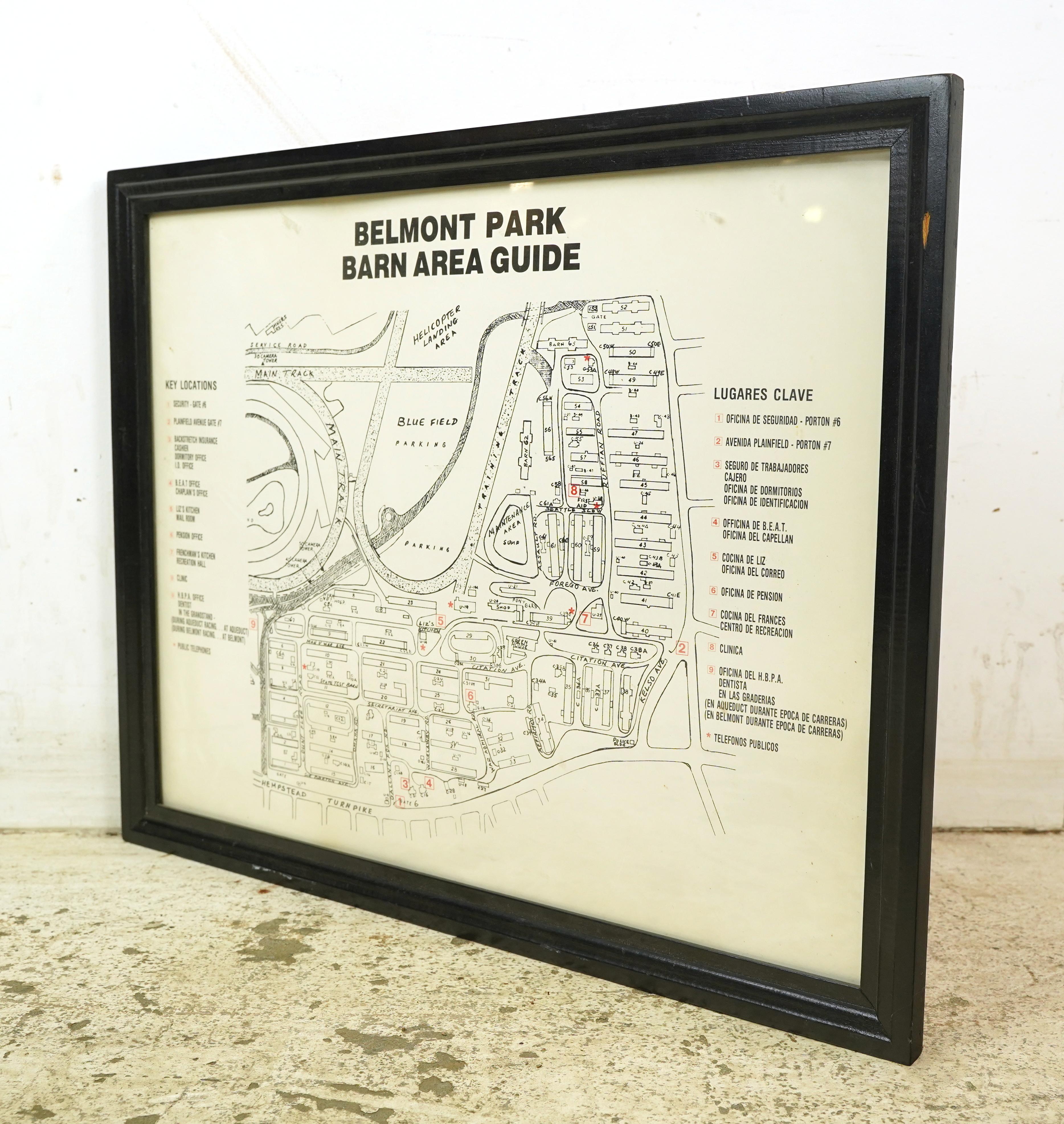 This piece was acquired from the Belmont Park racetrack in Elmont, New York. It displays an itemized map of the barn area at Belmont Park. It is made of acrylic with a black wood frame. Good condition with appropriate wear from age. There is a wire