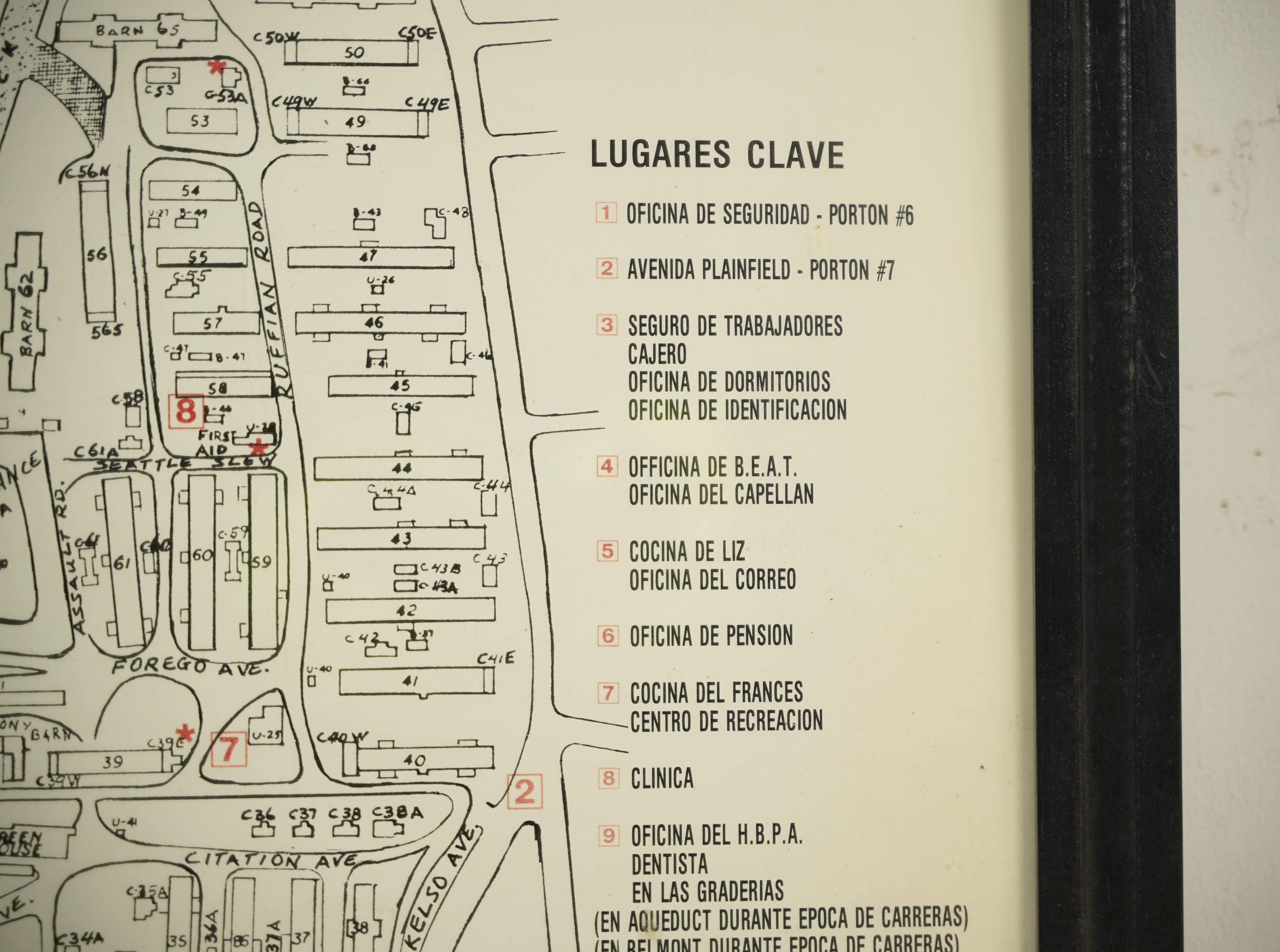 American Framed Belmont Park Racetrack Barn Area Guide Map For Sale