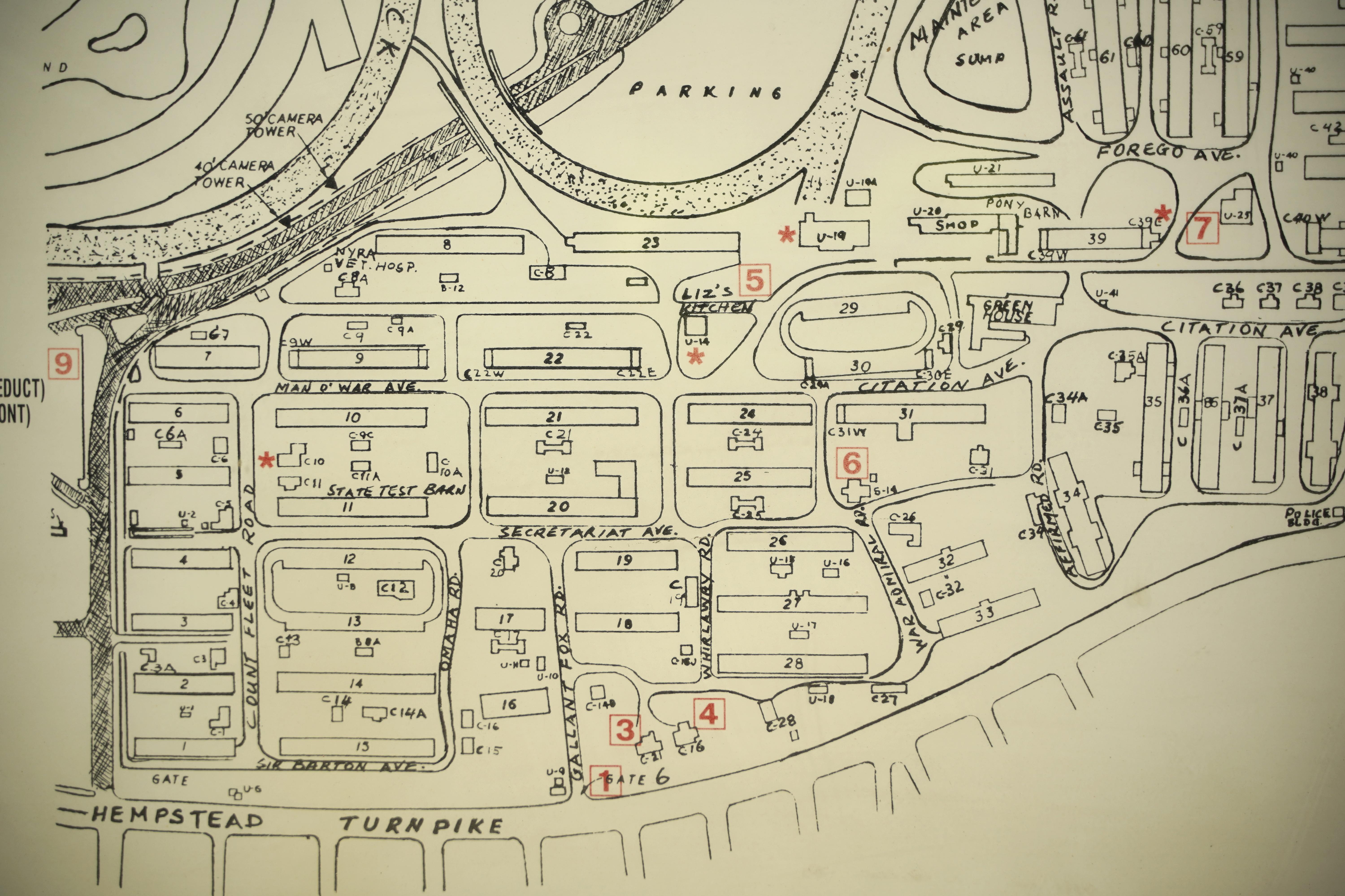 Framed Belmont Park Racetrack Barn Area Guide Map In Good Condition For Sale In New York, NY