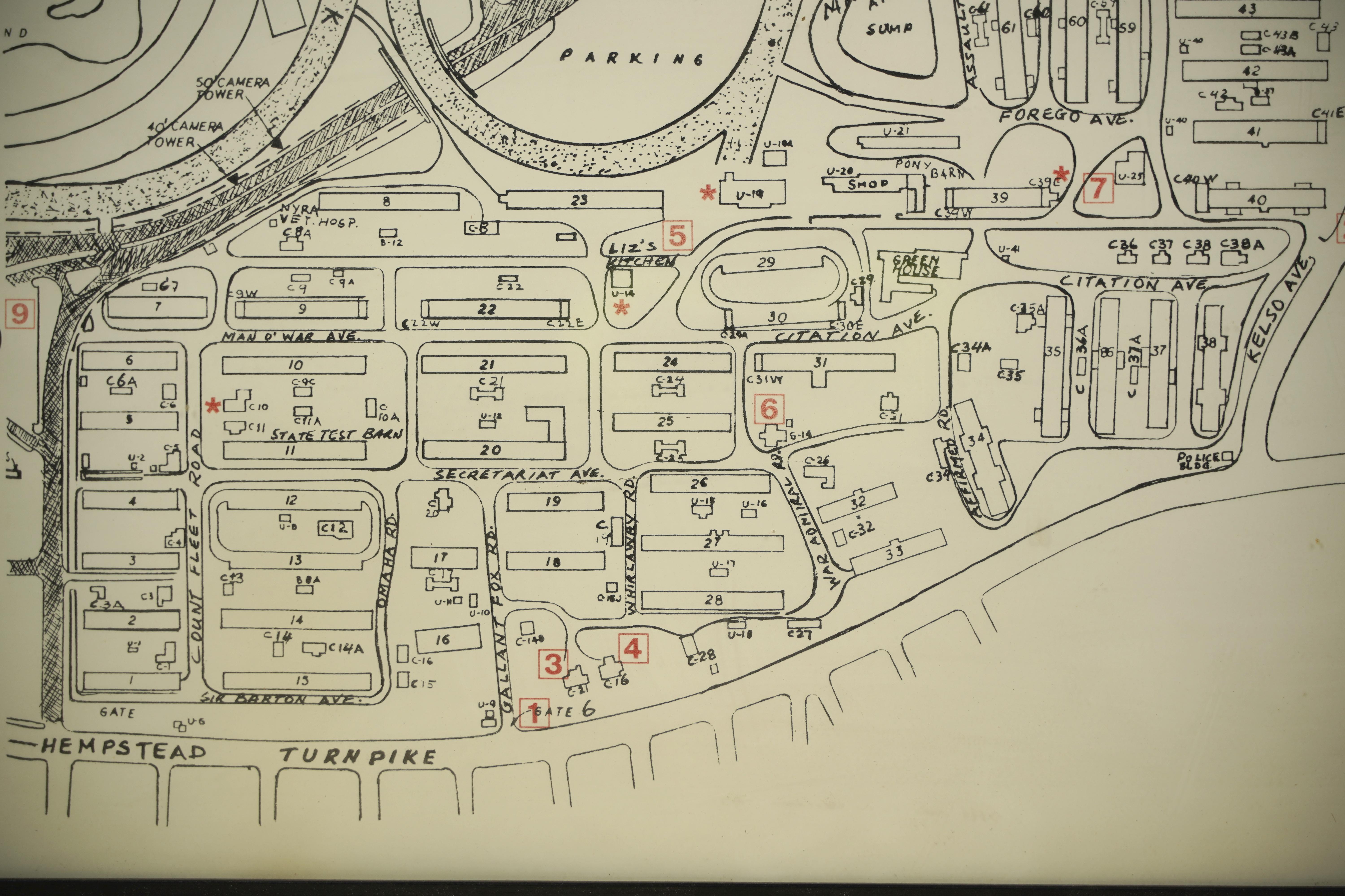 20th Century Framed Belmont Park Racetrack Barn Area Guide Map For Sale