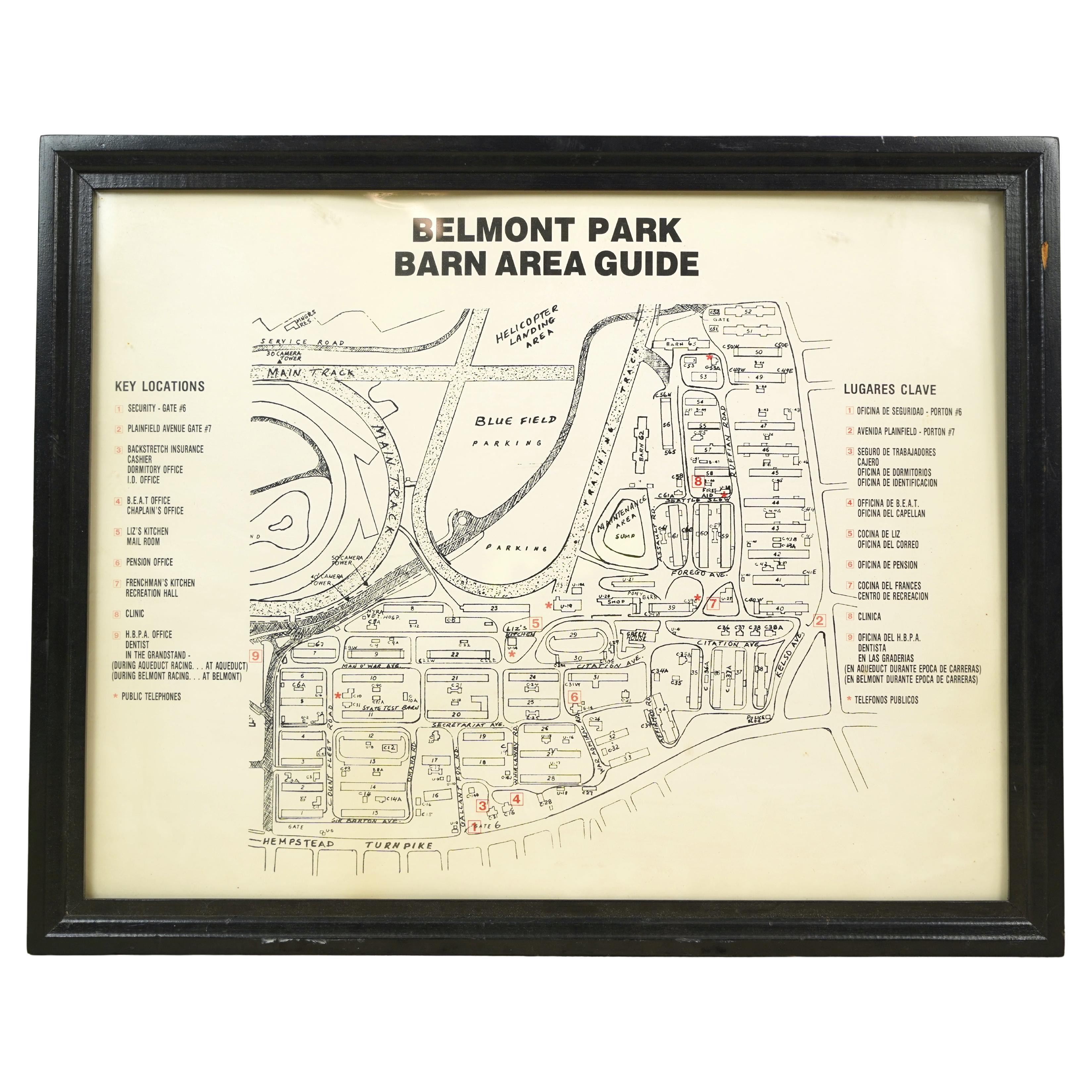 Framed Belmont Park Racetrack Barn Area Guide Map For Sale