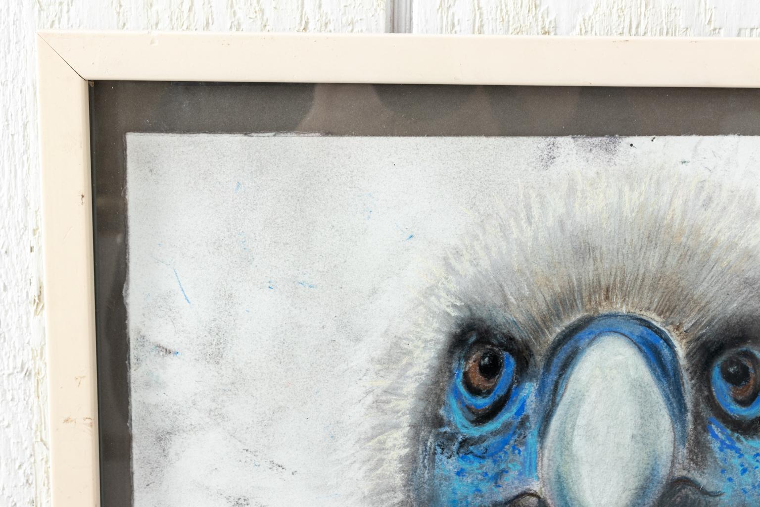 Framed close up illustration of a bird's head by Marianne Stikas based on the series 