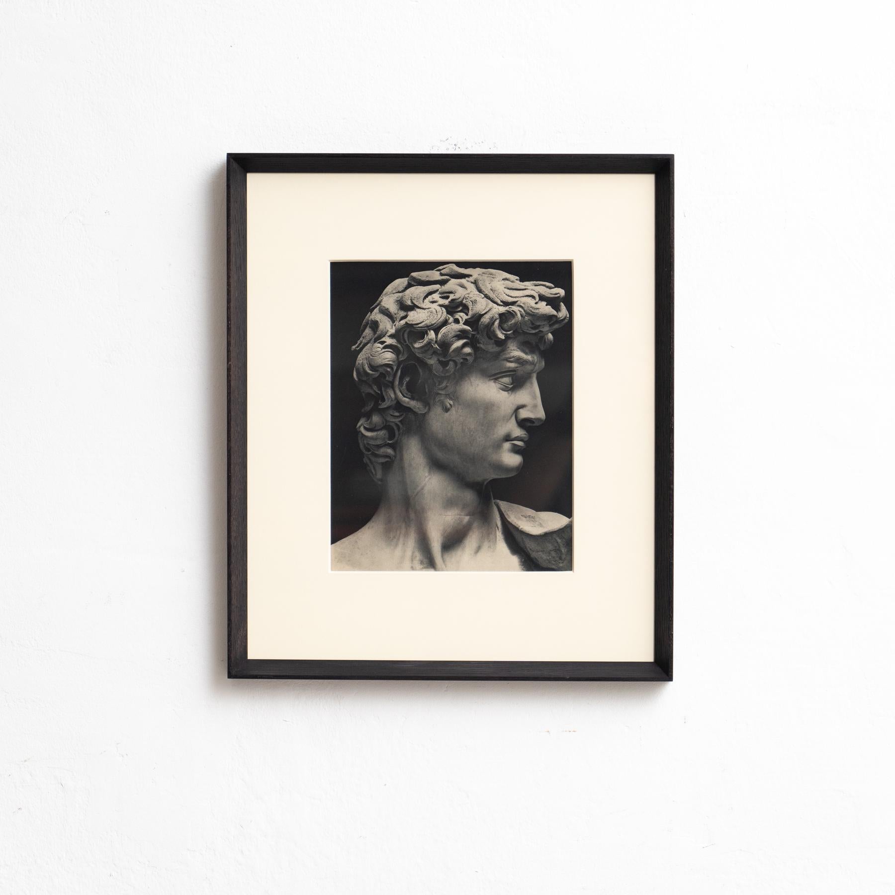 Tauchen Sie ein in die zeitlose Schönheit dieser gerahmten schwarz-weißen Heliogravüre von Michelangelos ikonischer Skulptur David aus der Zeit um 1940. Dieses Kunstwerk fängt die bemerkenswerten Details und die Grandeur der Original-Skulptur ein