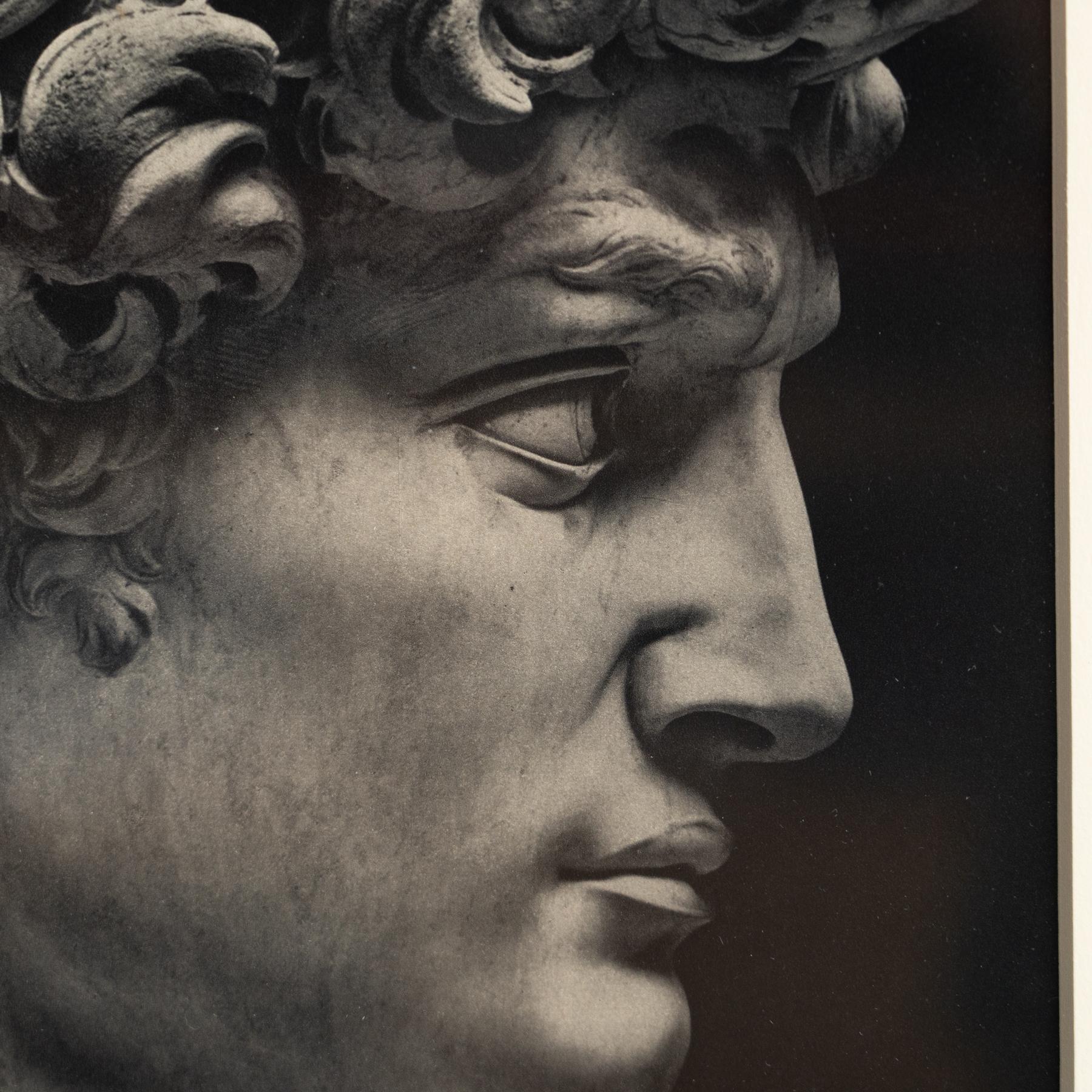 Gerahmte schwarz-weiße Heliogravüre von Michelangelos David - CIRCA 1940 im Angebot 1
