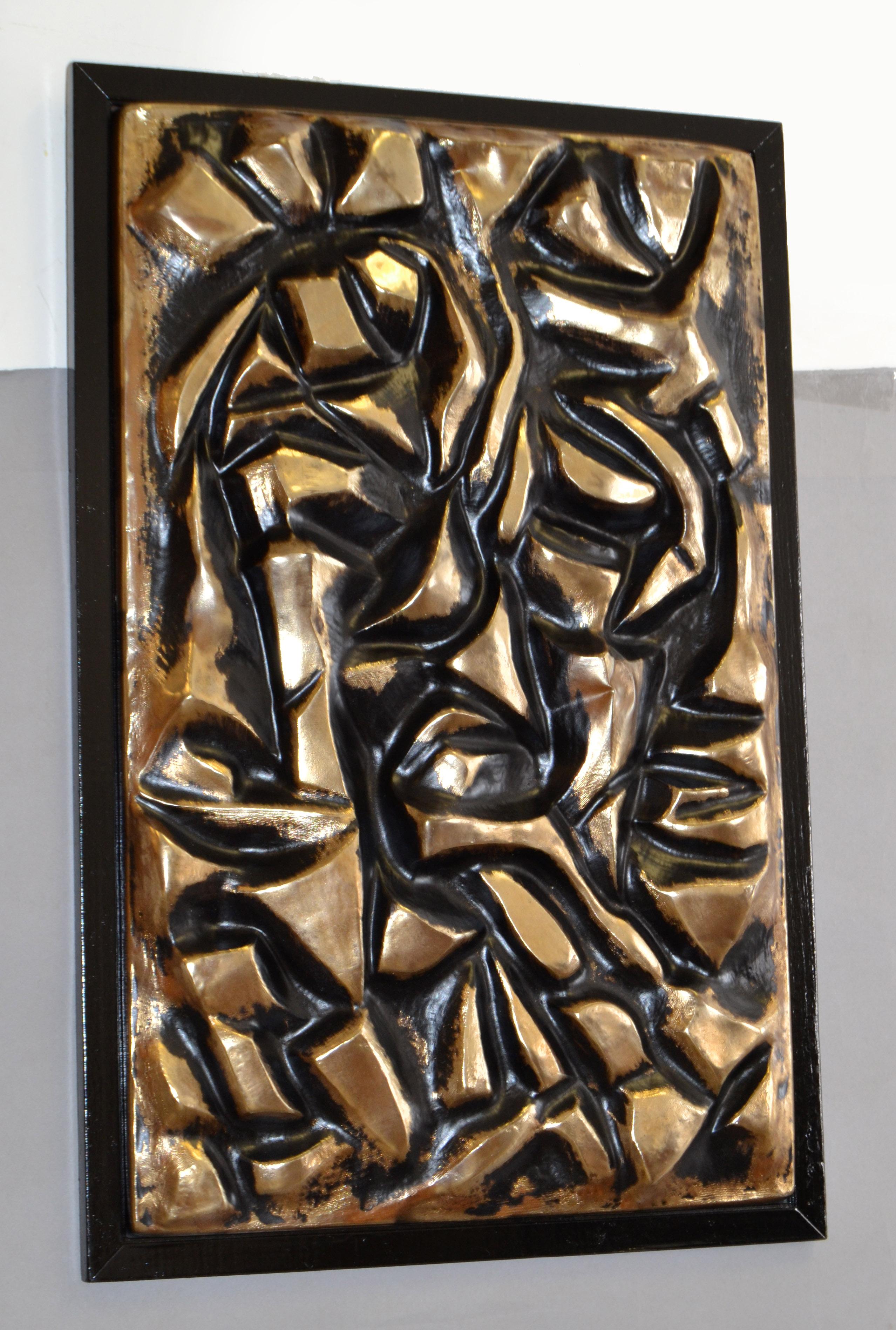 American Framed Black & Gold Sculpted Abstract Fiberglass Wall Art Mid-Century Modern 70s