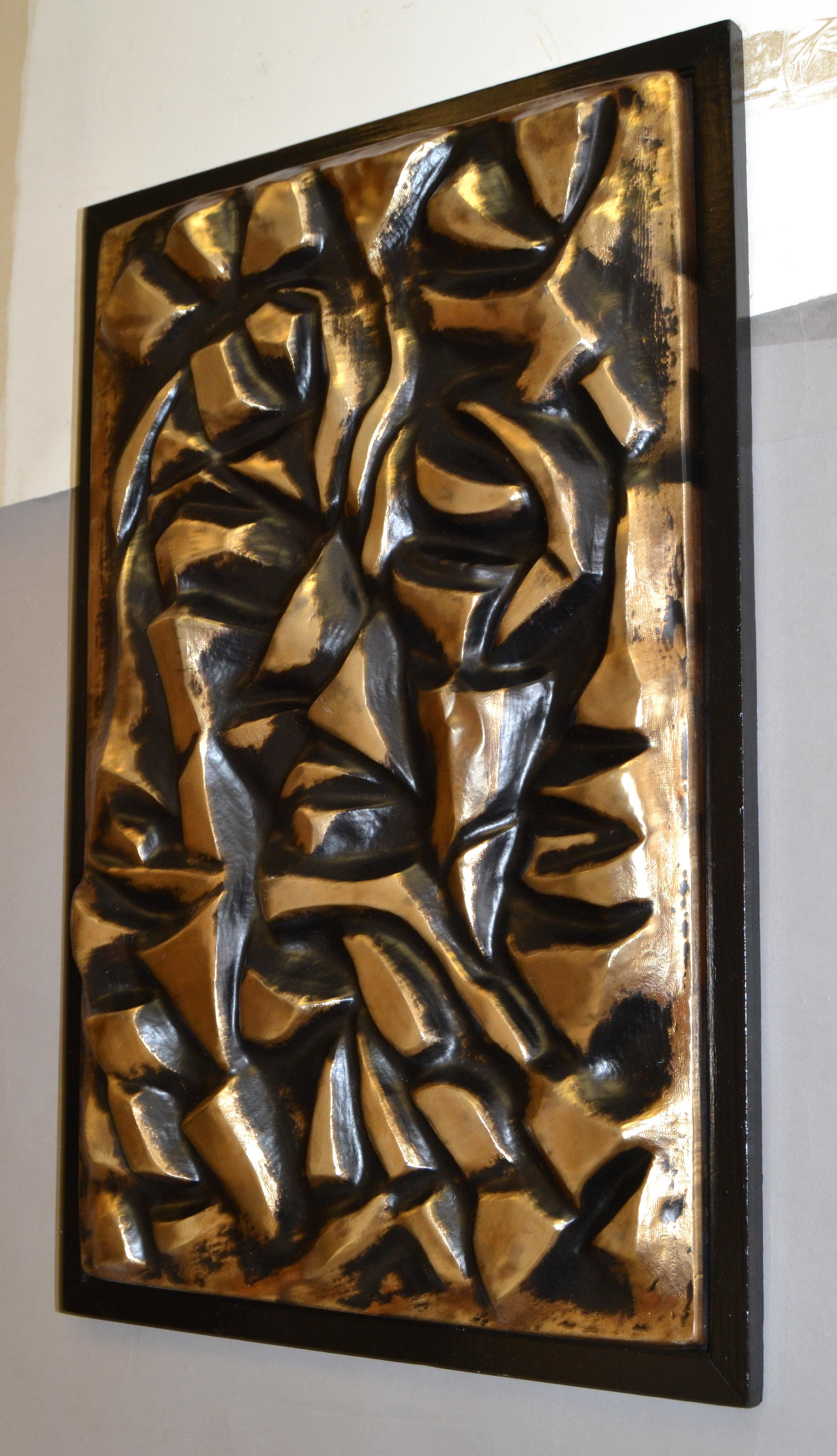 Framed Black & Gold Sculpted Abstract Fiberglass Wall Art Mid-Century Modern 70s In Good Condition In Miami, FL