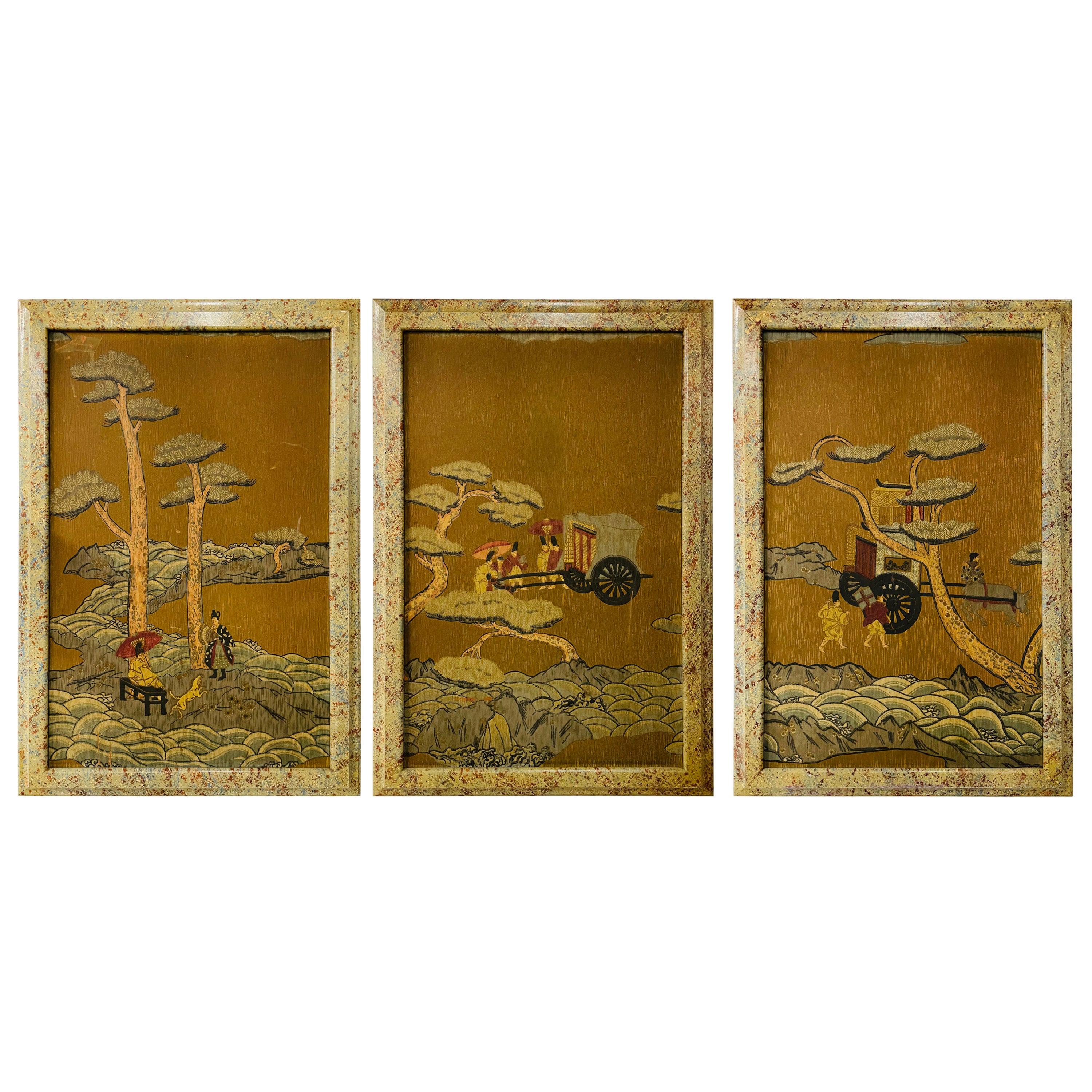Framed Block Printed Asian Japanese Bonsai Tree Wood Panels, Set of 3