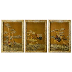 Antique Framed Block Printed Asian Japanese Bonsai Tree Wood Panels, Set of 3