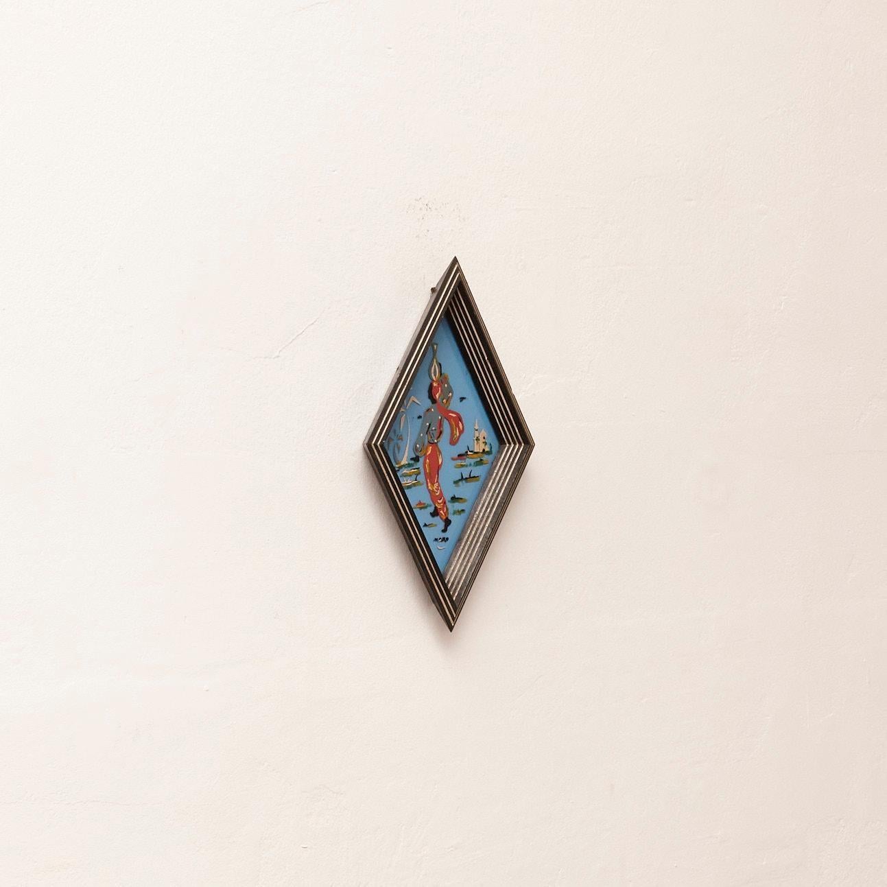 Gerahmtes blaues Glas, handbemalt, um 1950
Hergestellt in Frankreich, um 1950.

MATERIALIEN:
Holz, Glas.

Abmessungen: 
T 4 cm x B 23,2 cm x H 38 cm

Das Kunstwerk befindet sich in seinem ursprünglichen Zustand und weist geringe alters- und