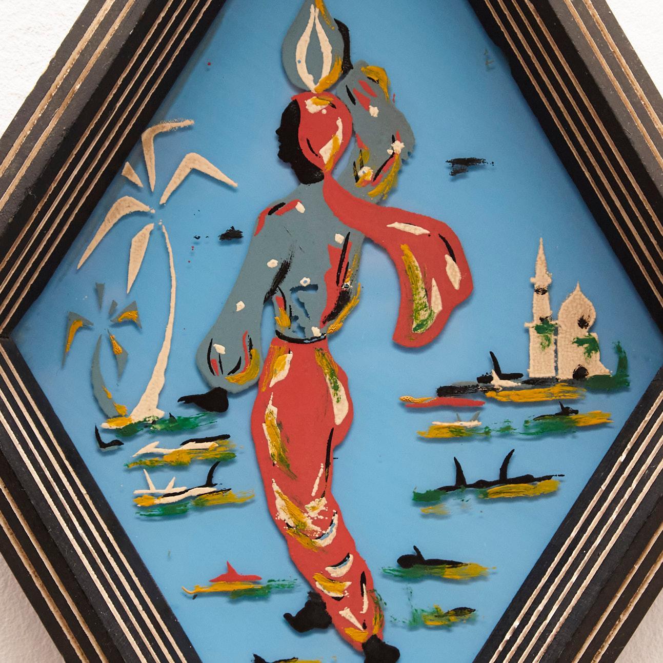 Framed Blue Glass Hand Painted, circa 1950 In Good Condition For Sale In Barcelona, ES