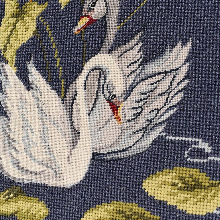 Folk Art Framed Blue Hand Stitched Embroidered Swan Wall Hanging For Sale