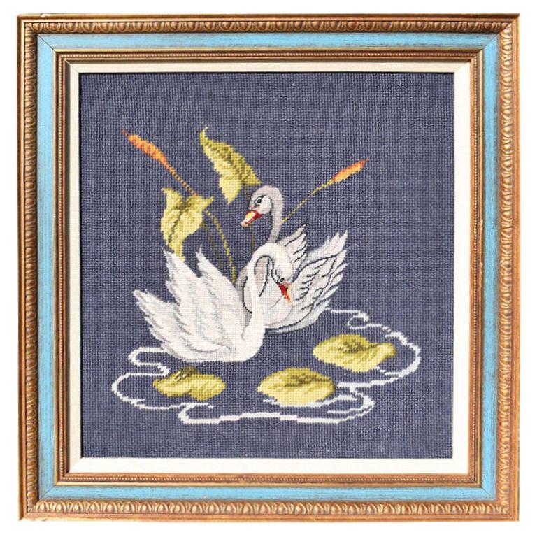 Framed Blue Hand Stitched Embroidered Swan Wall Hanging For Sale