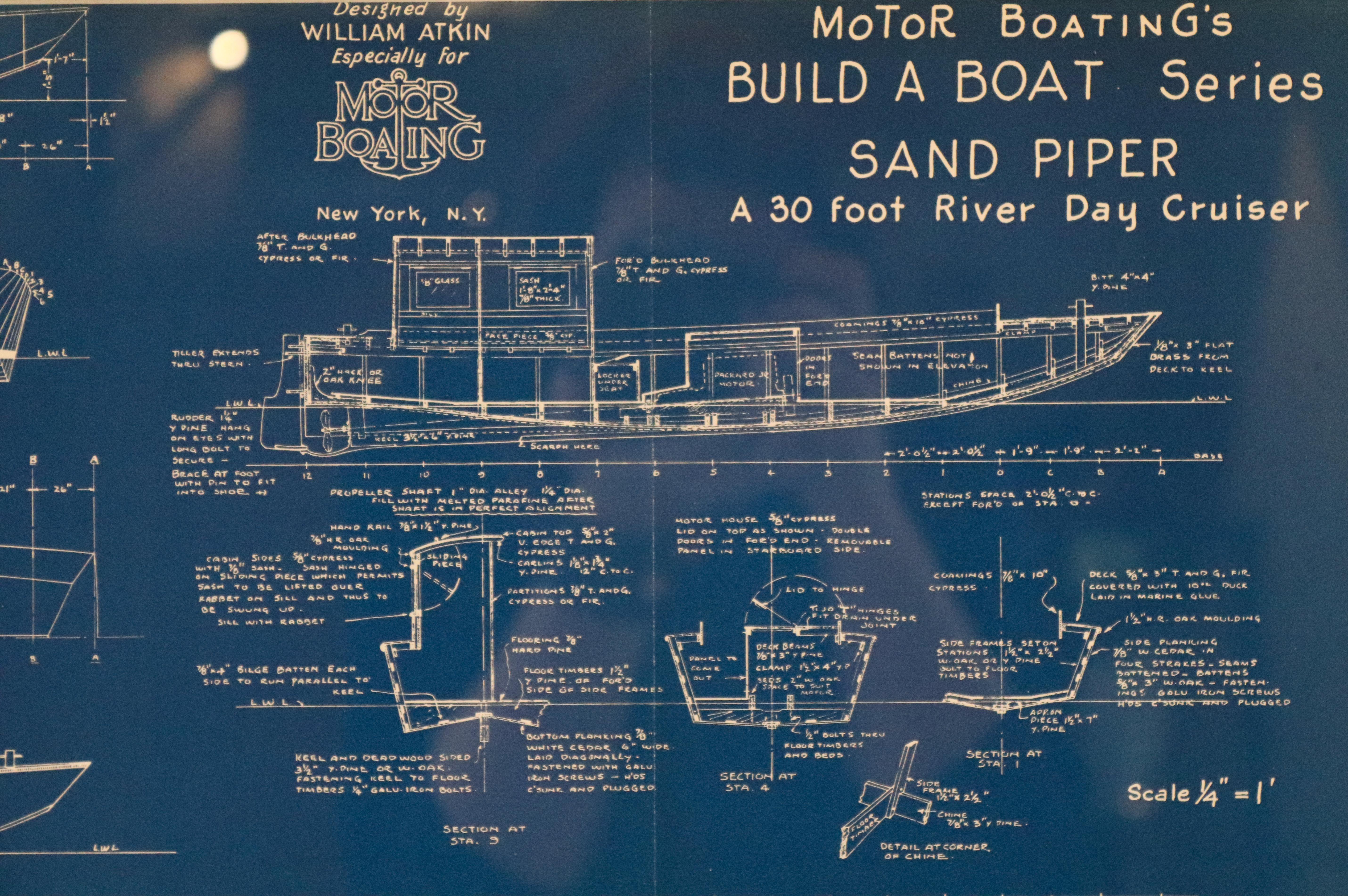 Original nautical blueprint drawing published by Motor Boating Magazine. Showing the 30foot river day cruiser 