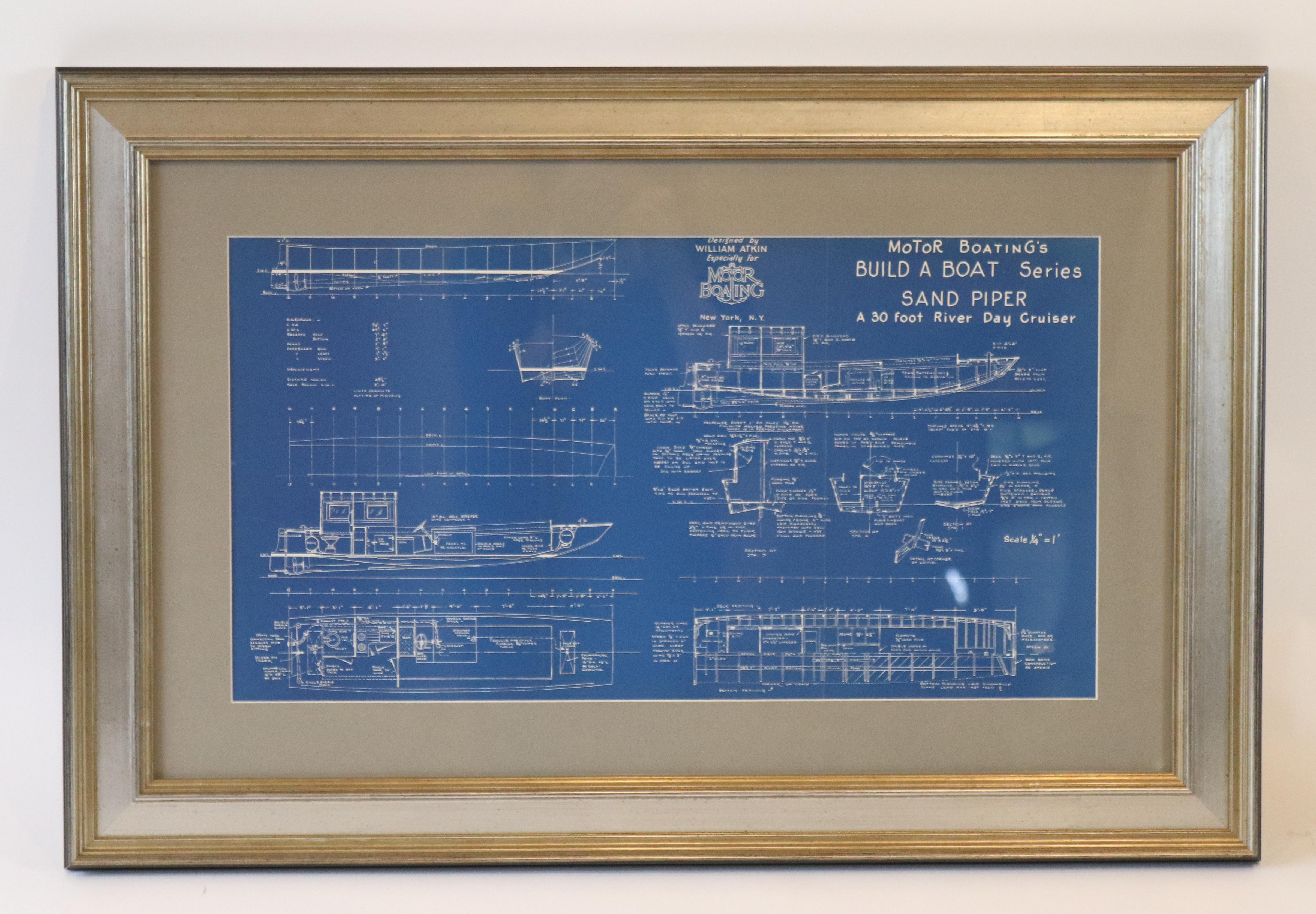 20th Century Framed Blueprint of the Yacht Sand Piper