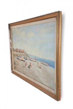 Vintage Seascape Oil Painting of Boats Ashore, Framed, 20th Century