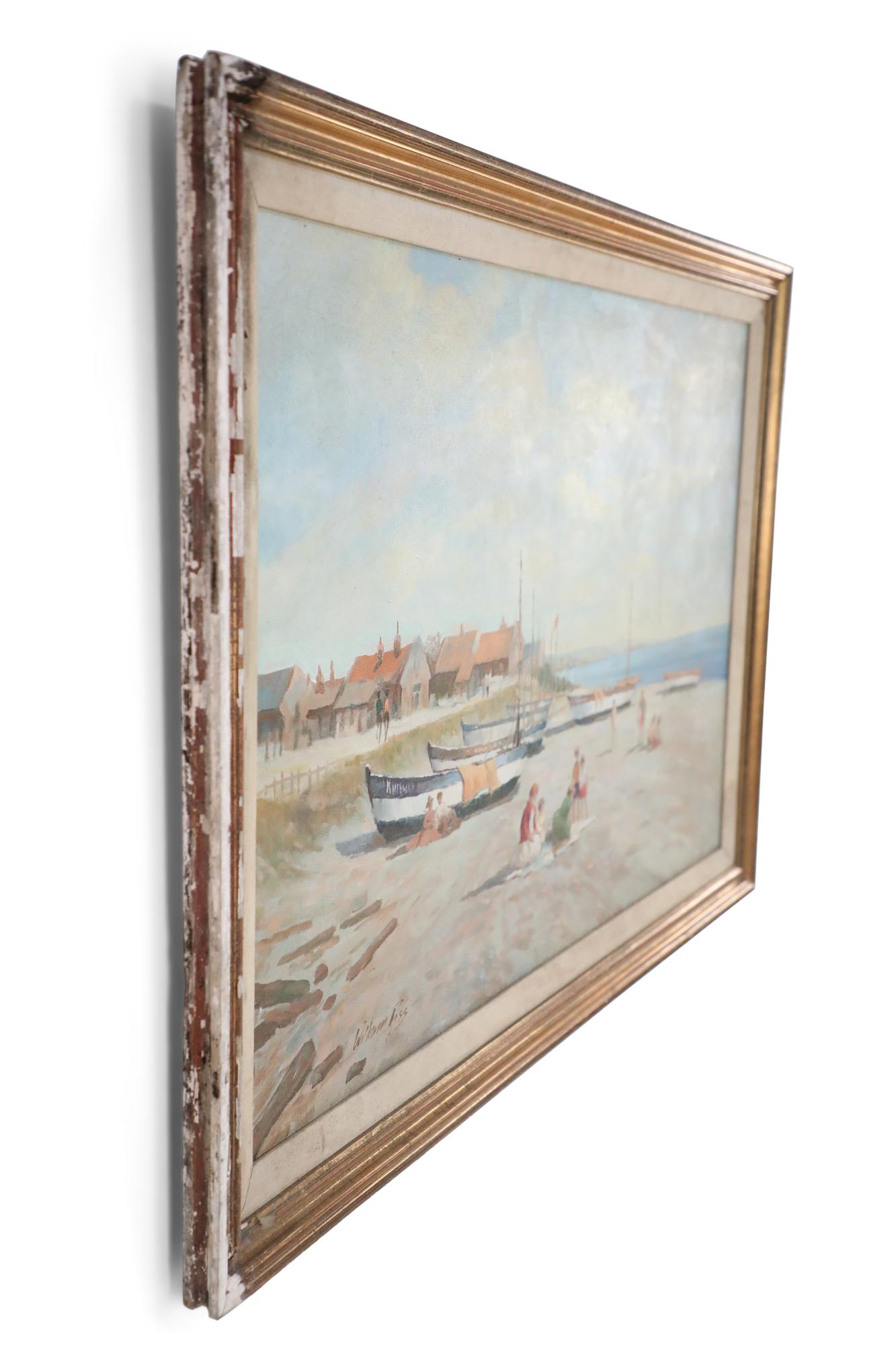 Mid-Century Modern Framed Boats Ashore at Beach Seascape Oil Painting For Sale