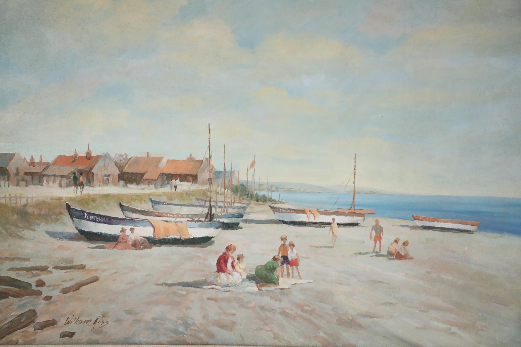 Mid-Century Modern Framed Boats Ashore at Beach Seascape Oil Painting For Sale