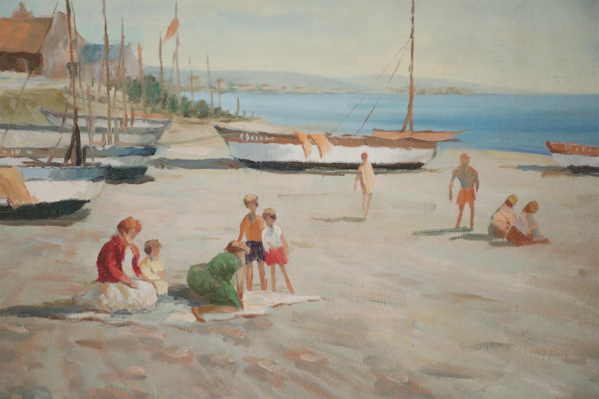 Huilé Peinture à l'huile encadrée - Paysage marin - Bateaux sur le rivage à la plage en vente