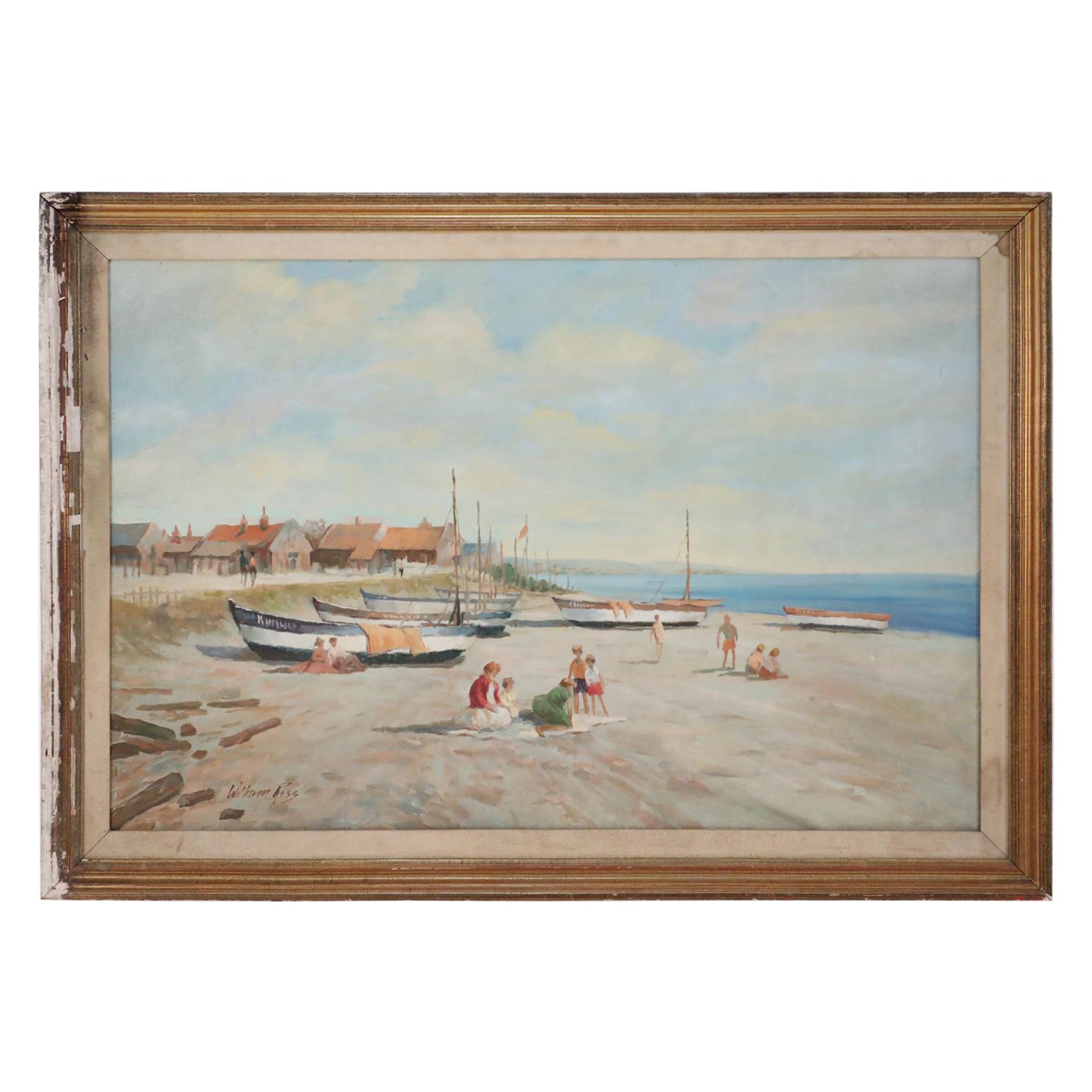 Peinture à l'huile encadrée : Bateaux à terre à la plage, paysage marin