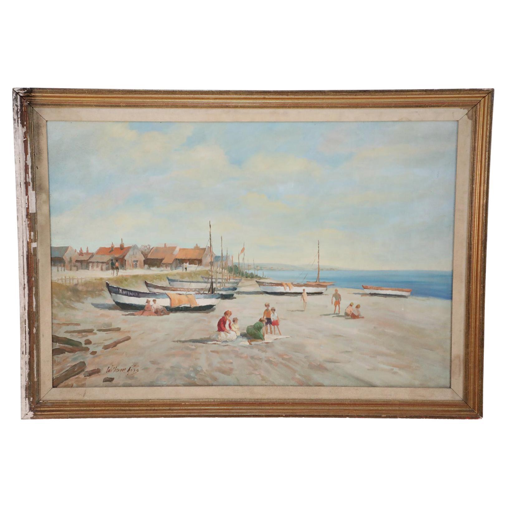 Peinture à l'huile encadrée - Paysage marin - Bateaux sur le rivage à la plage en vente