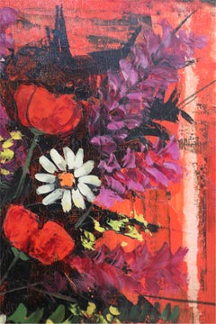 Framed Bold Still Life Oil Painting of a Teapot Filled with Wildflowers