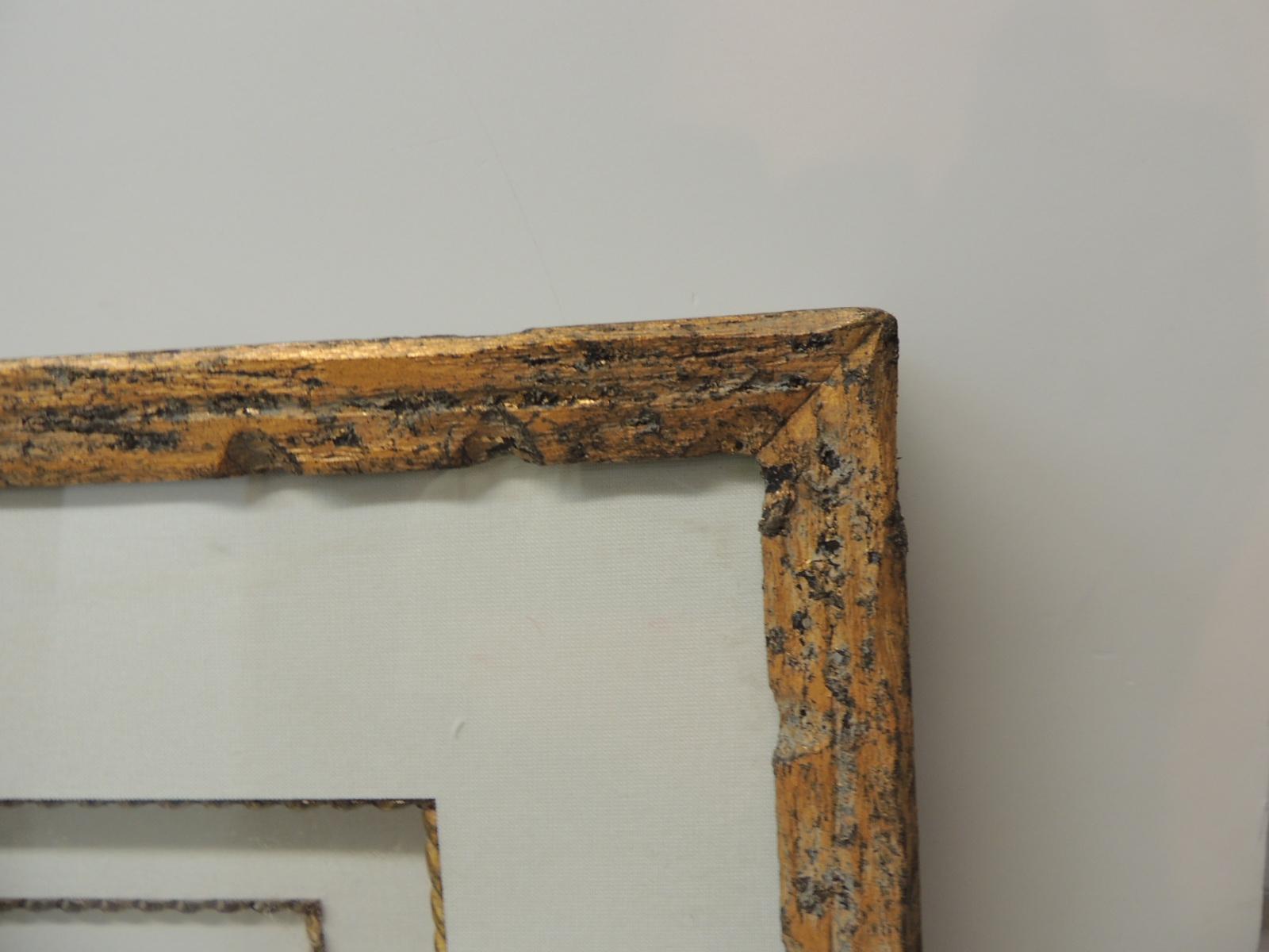 Hollywood Regency Framed Botanical Print in a Wood Bark Style Frame with Gold Leaf Accents